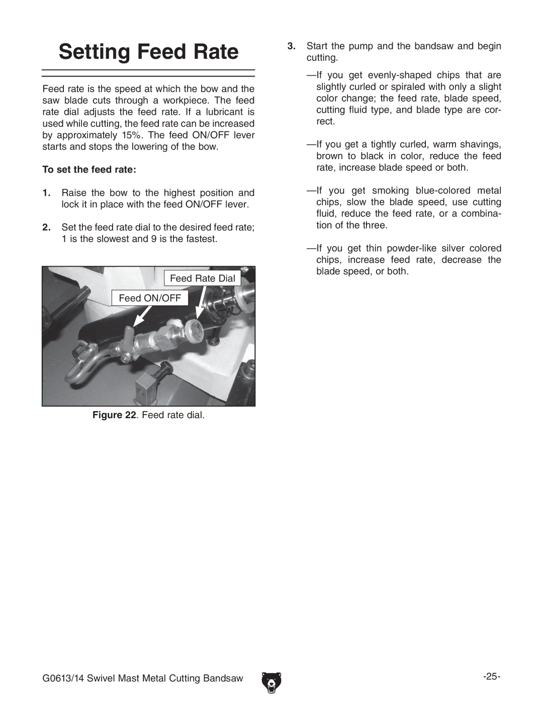 Grizzly G0613 manual 3ETTING &EED 2ATE, 4O SET the Feed RATE, ZZYGViZ9Va 