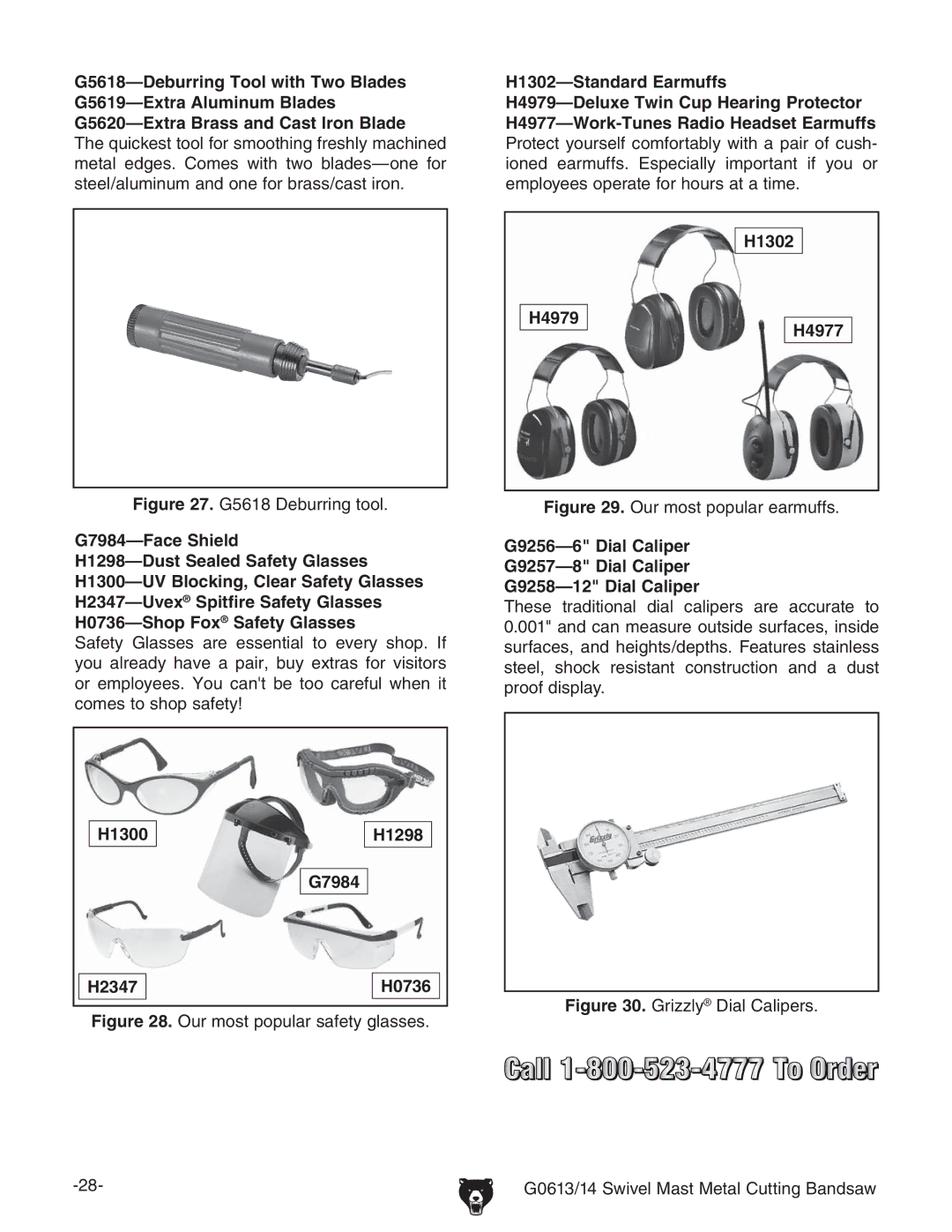 Grizzly G0613 manual  &ACE 3HIELD,  $UST 3EALED 3AFETY Lasses,  3TANDARD %ARMUFFS,    