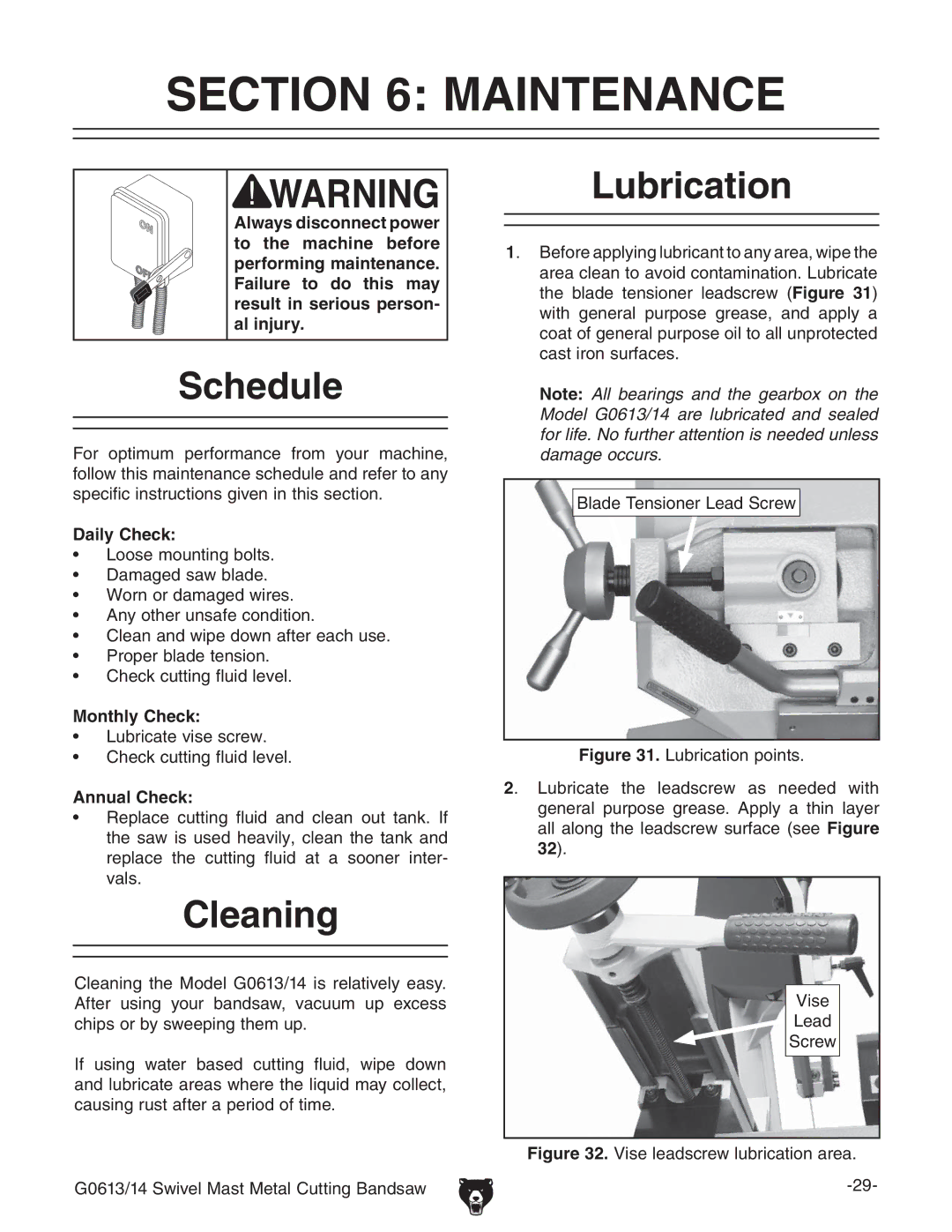 Grizzly G0613 manual #4/. -!.4%.!.#%, 3CHEDULE, #Leaning, Ubrication 