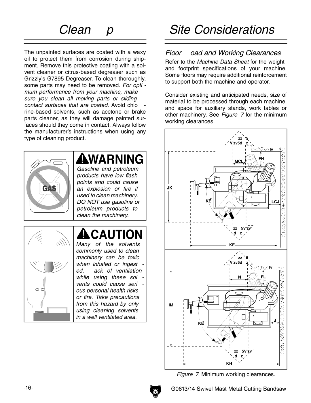 Grizzly G0613/G0614 owner manual Clean Up, Site Considerations 