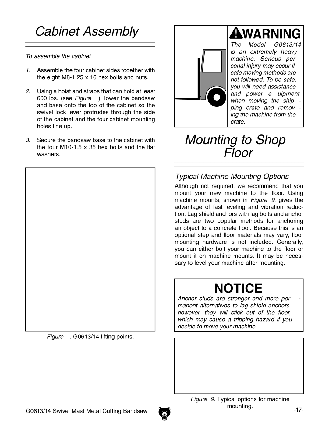 Grizzly G0613/G0614 owner manual Cabinet Assembly, Mounting to Shop Floor, To assemble the cabinet 