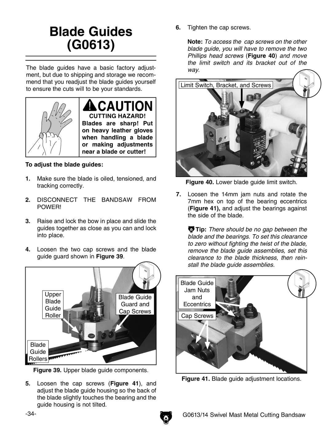 Grizzly G0613/G0614 owner manual Blade Guides G0613, Lower blade guide limit switch 