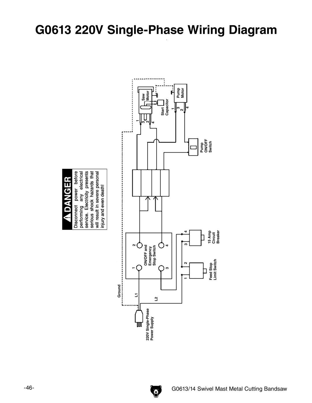 Grizzly G0613/G0614 owner manual G0613 220V Single-Phase Wiring Diagram 