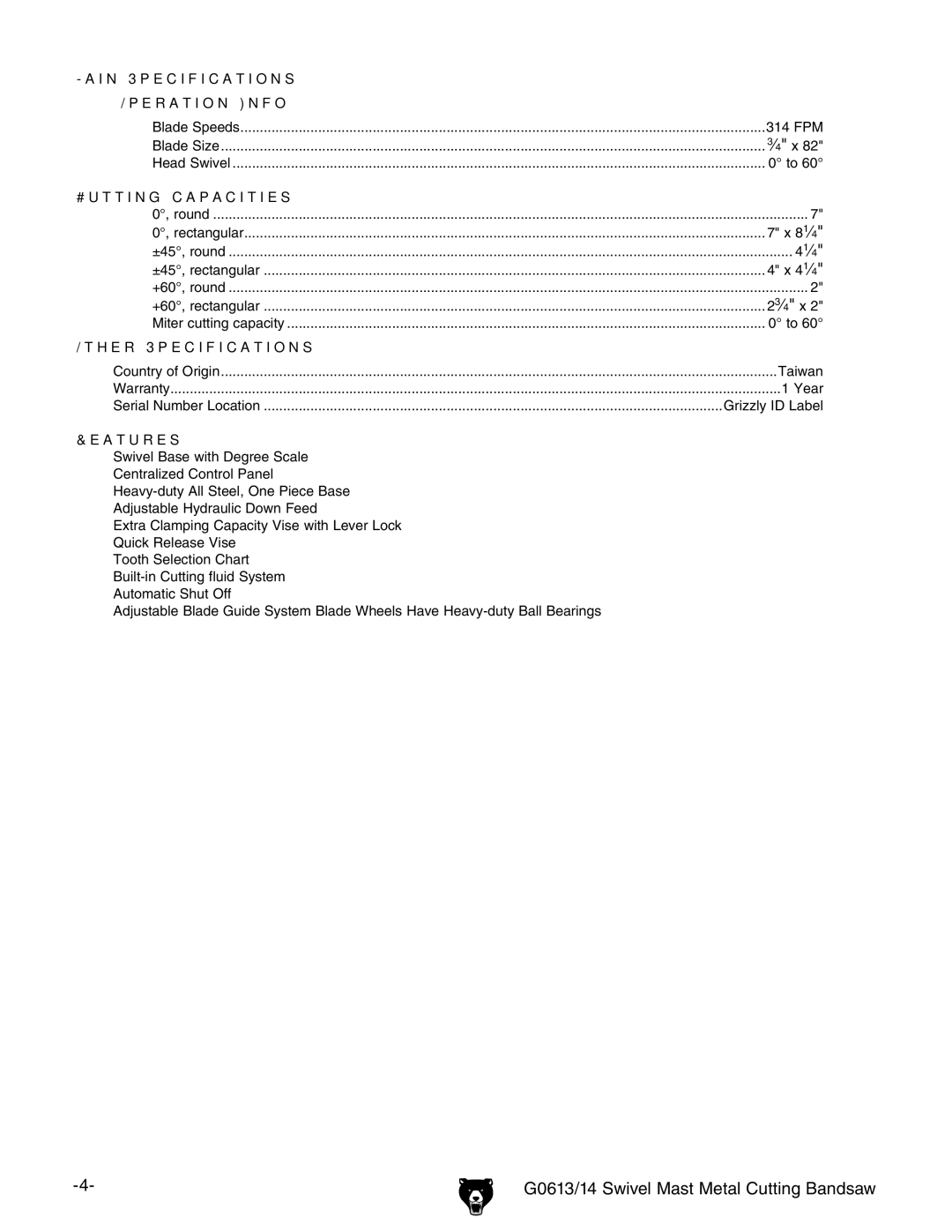 Grizzly G0613/G0614 owner manual 41⁄4 