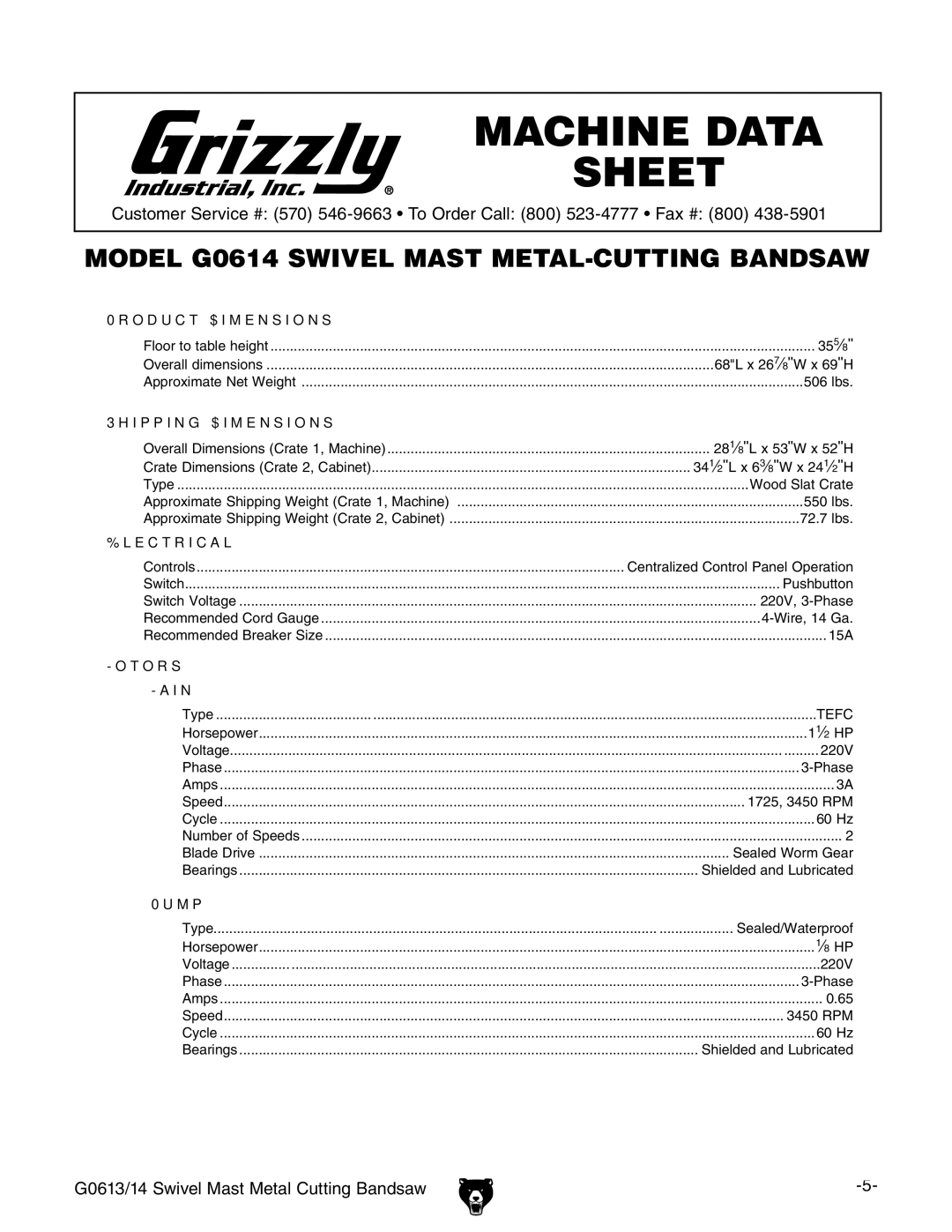 Grizzly G0613/G0614 owner manual Model G0614 Swivel Mast METAL-CUTTING Bandsaw 