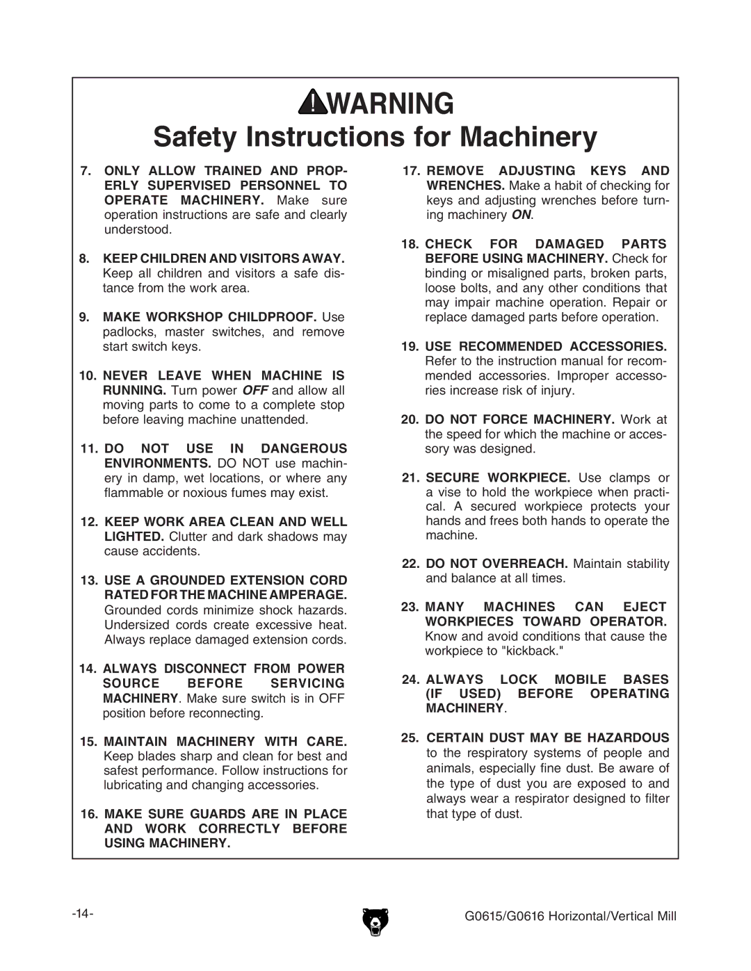 Grizzly G0615/G0616 manual  !,7!93 ,/#+ -/,% !3%33 & 53%$ % %&/2% /0%2!4. -!#.%29# 