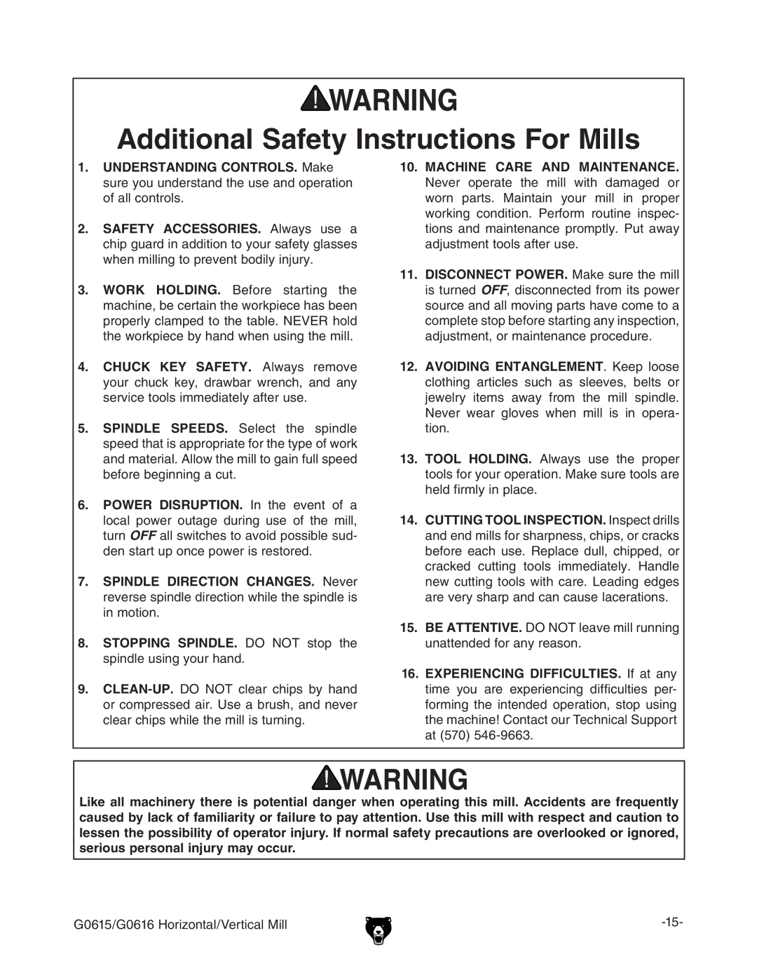 Grizzly G0615/G0616 manual Dditional 3AFETY Nstructions &OR -ILLS,  34/00 .$,% 9D CDI hide iZ hecYaZjhc\ndjgVcY# 