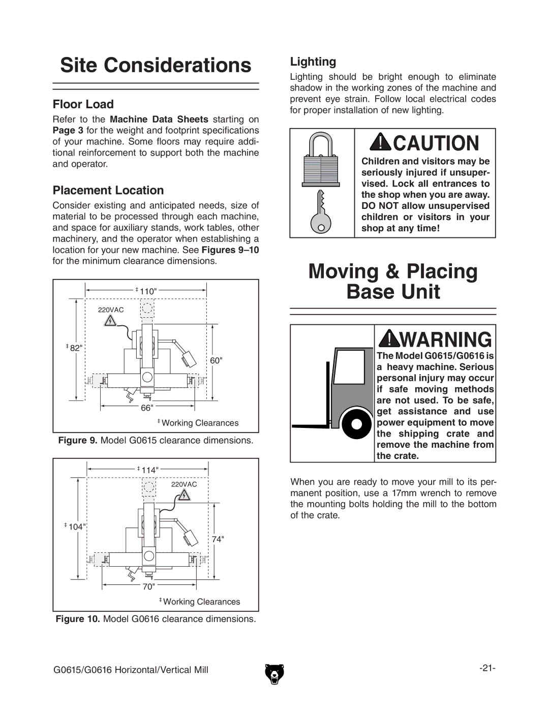 Grizzly G0615/G0616 manual Oving  0LACING ASE 5NIT, Looro,Oad, 0LACEMENTE,OCATION, Ighting 