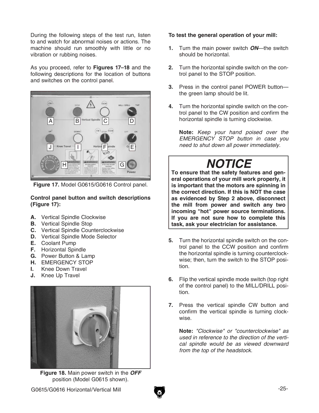 Grizzly G0615/G0616 4O Test the General Operation of Your MILL,  IjgciZbVcedlZghliX/. iZhliX hdjaYWZdgodciVa# 