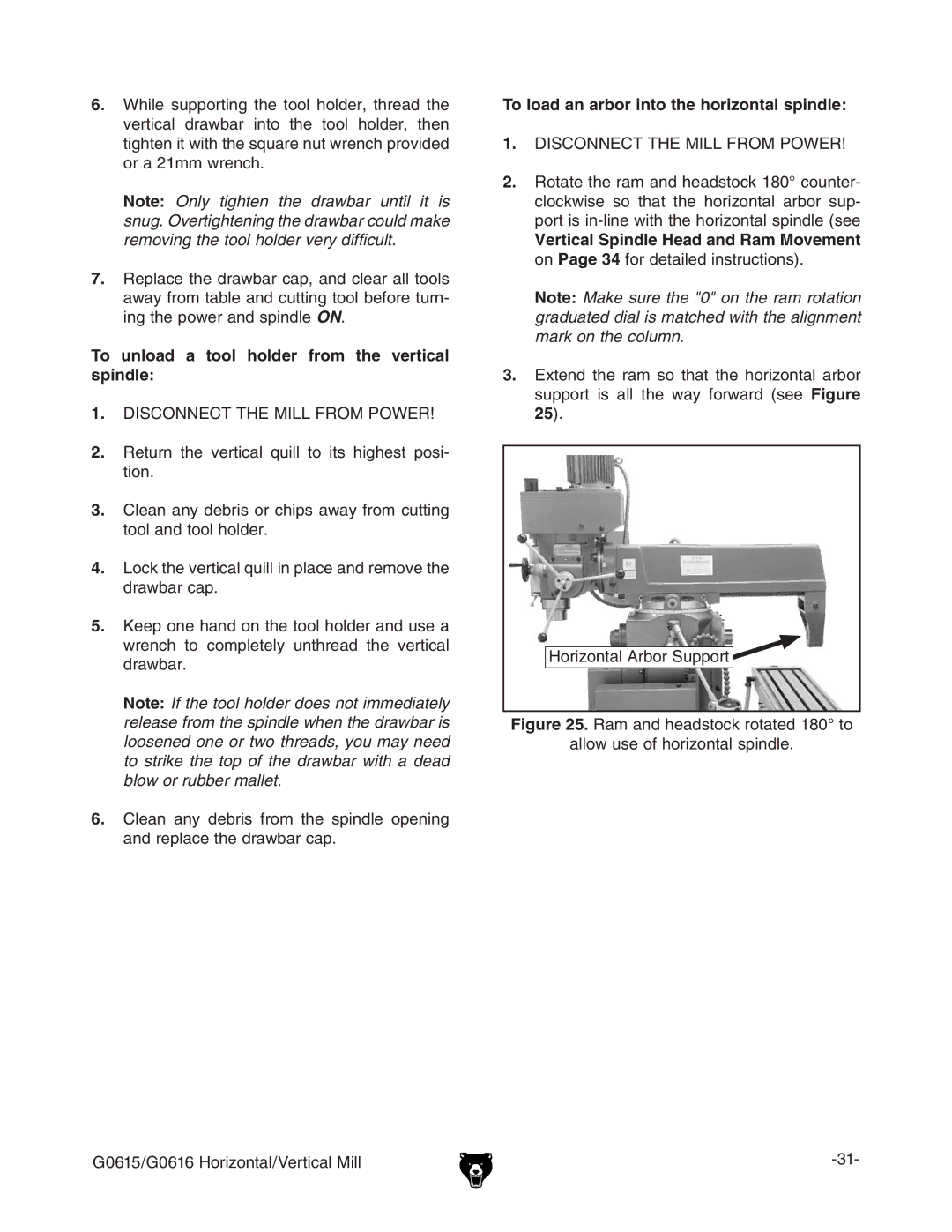 Grizzly G0615/G0616 manual 4O Unloado AA Tool Holderr from Theh Verticalc SPINDLE,  9H8DCC8II=BAAGDBEDLG 