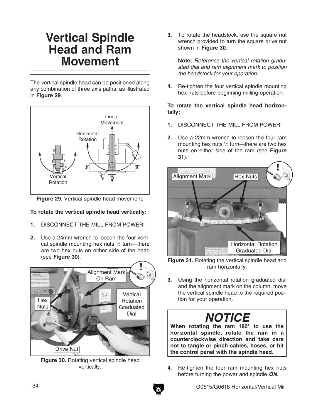 Grizzly G0615/G0616 manual Ovement, hZZ&IGURE #, 4O Rotatet Theh Verticalc Spindlee Head Horizon TALLY, # 