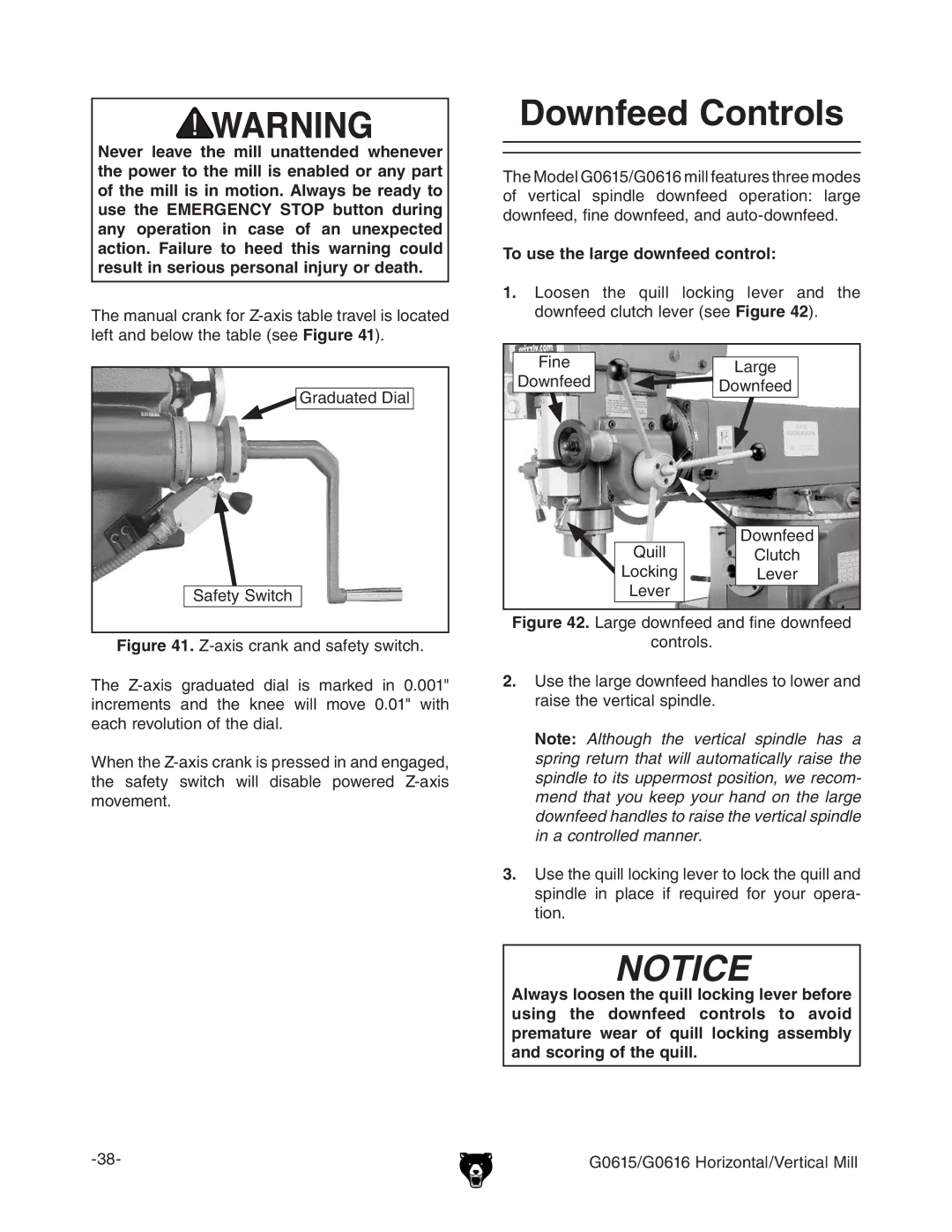 Grizzly G0615/G0616 manual $Ownfeed #Ontrols, 4O USE the Large Downfeed CONTROL 