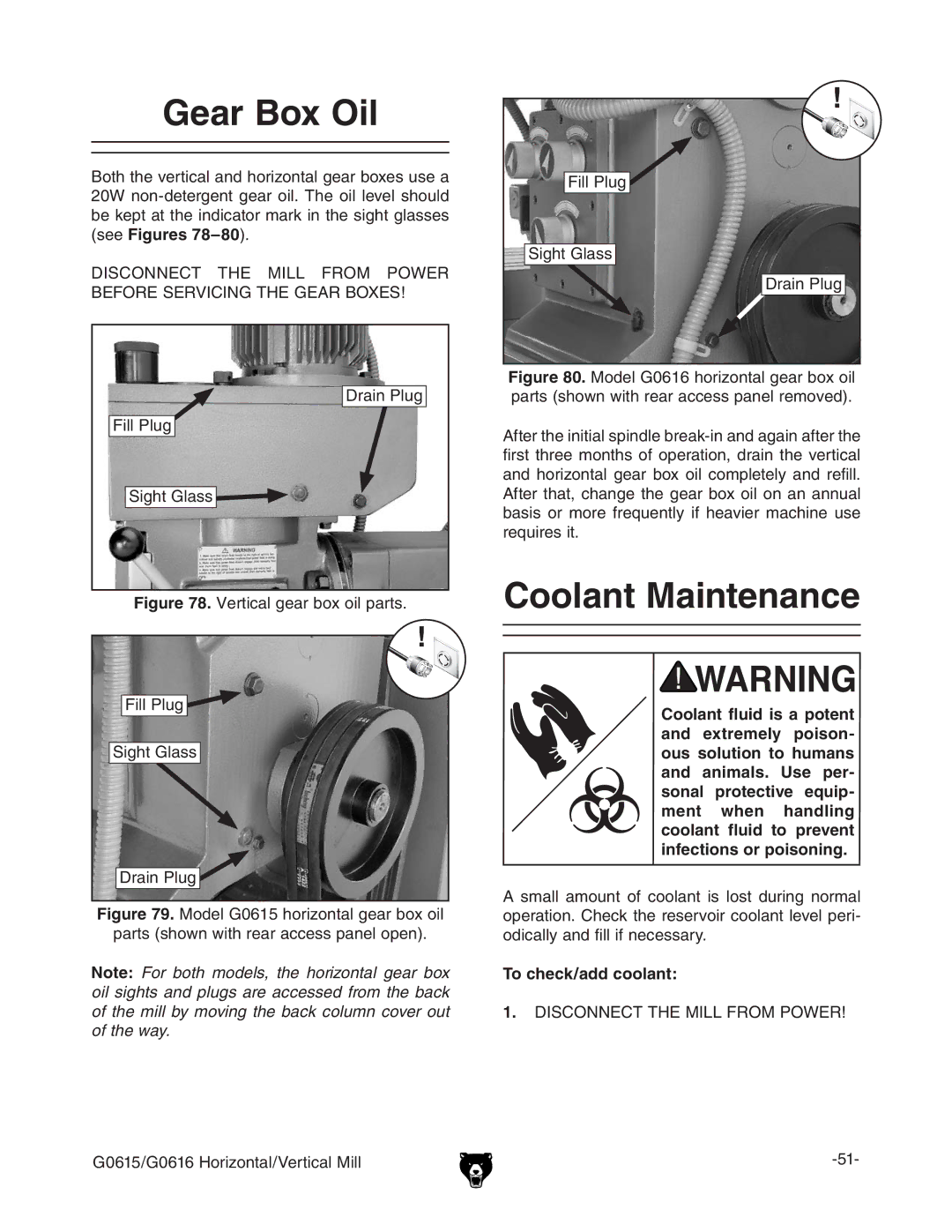 Grizzly G0615/G0616 manual Ear Ox /Il, #Oolantt-Aintenance, AaEaj\ \iaVhh 9gVcEaj, 4O CHECKADD COOLANT 