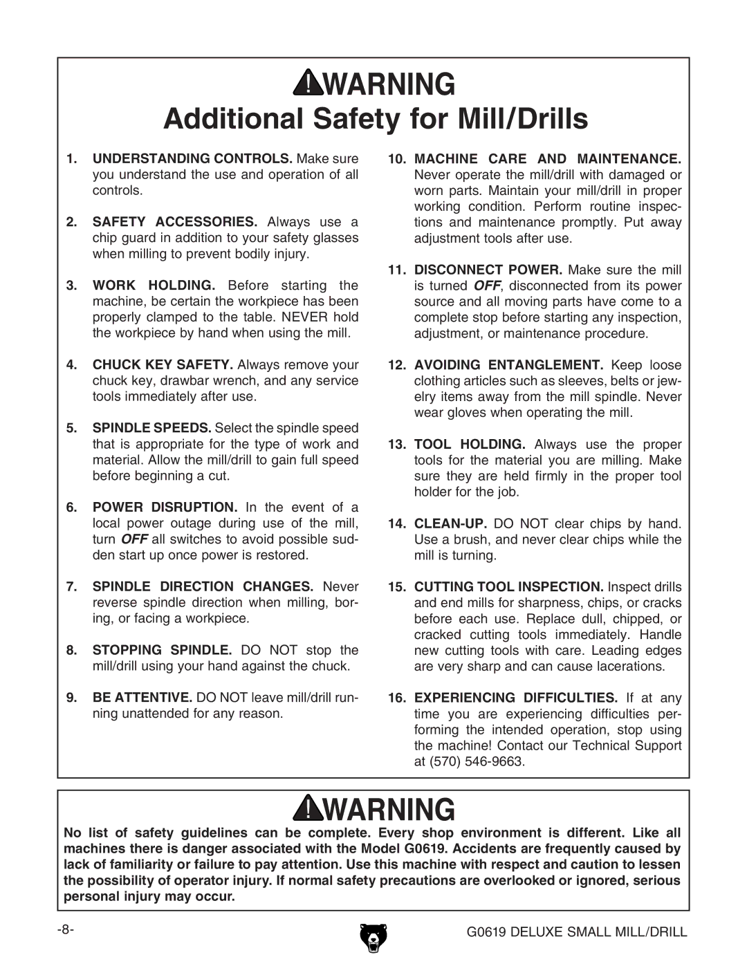 Grizzly G0619 owner manual Additional Safety for Mill/Drills 