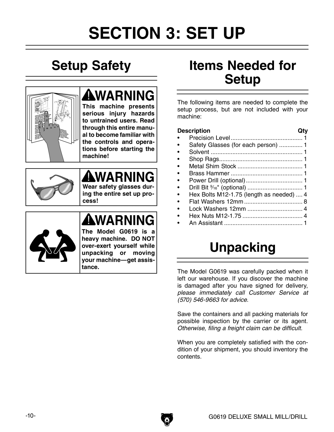 Grizzly G0619 owner manual Set Up, Setup Safety, Items Needed for Setup, Unpacking, Description Qty 