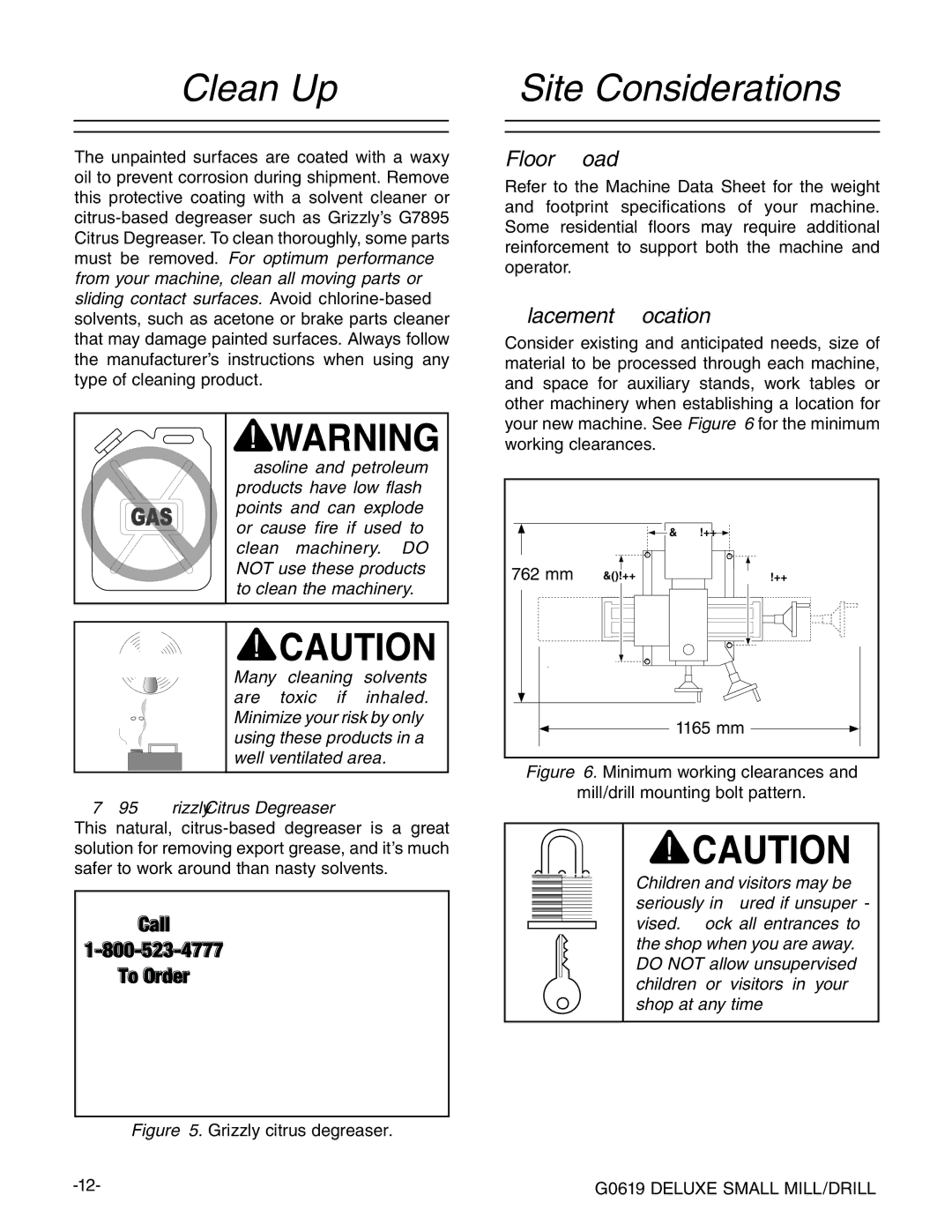 Grizzly G0619 owner manual Clean Up, Site Considerations 