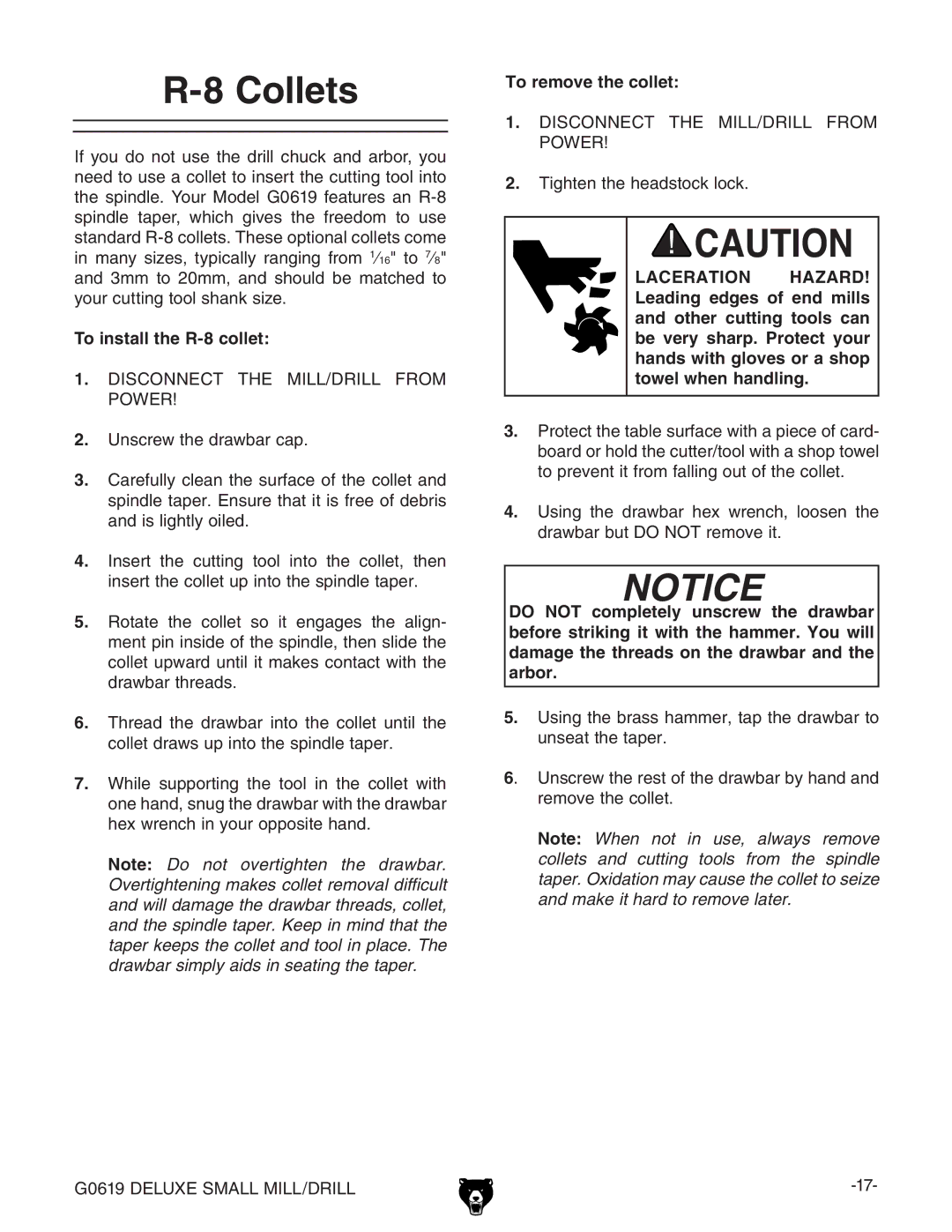 Grizzly G0619 owner manual Collets, To install the R-8 collet, To remove the collet 