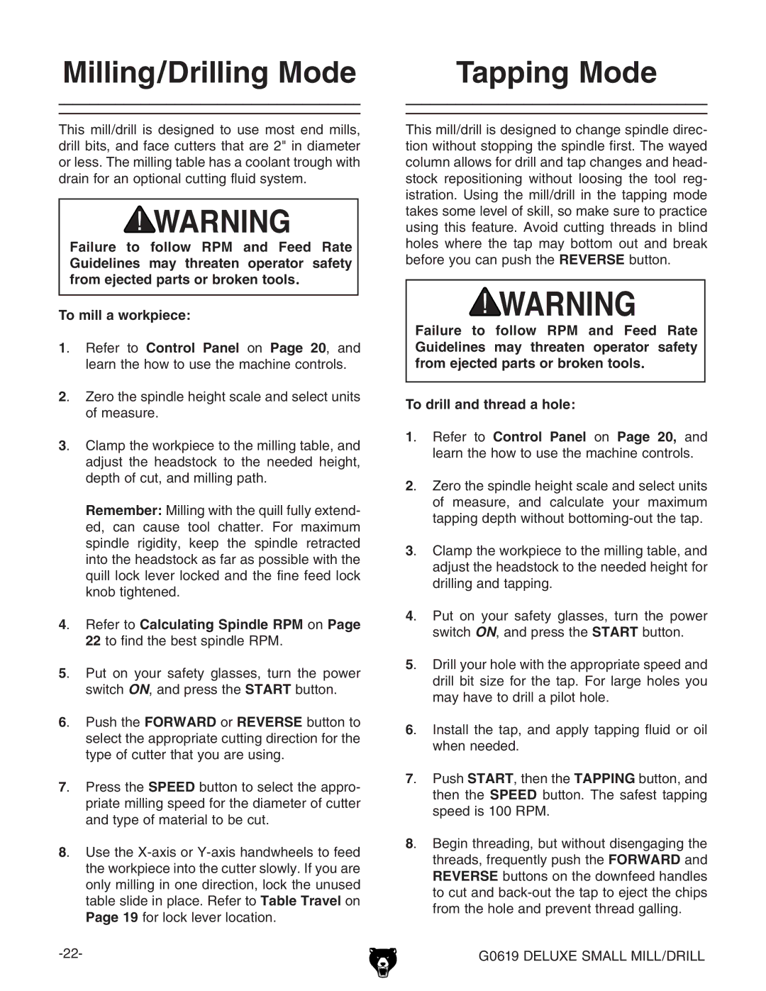 Grizzly G0619 owner manual Milling/Drilling Mode, Refer to Calculating Spindle RPM on 