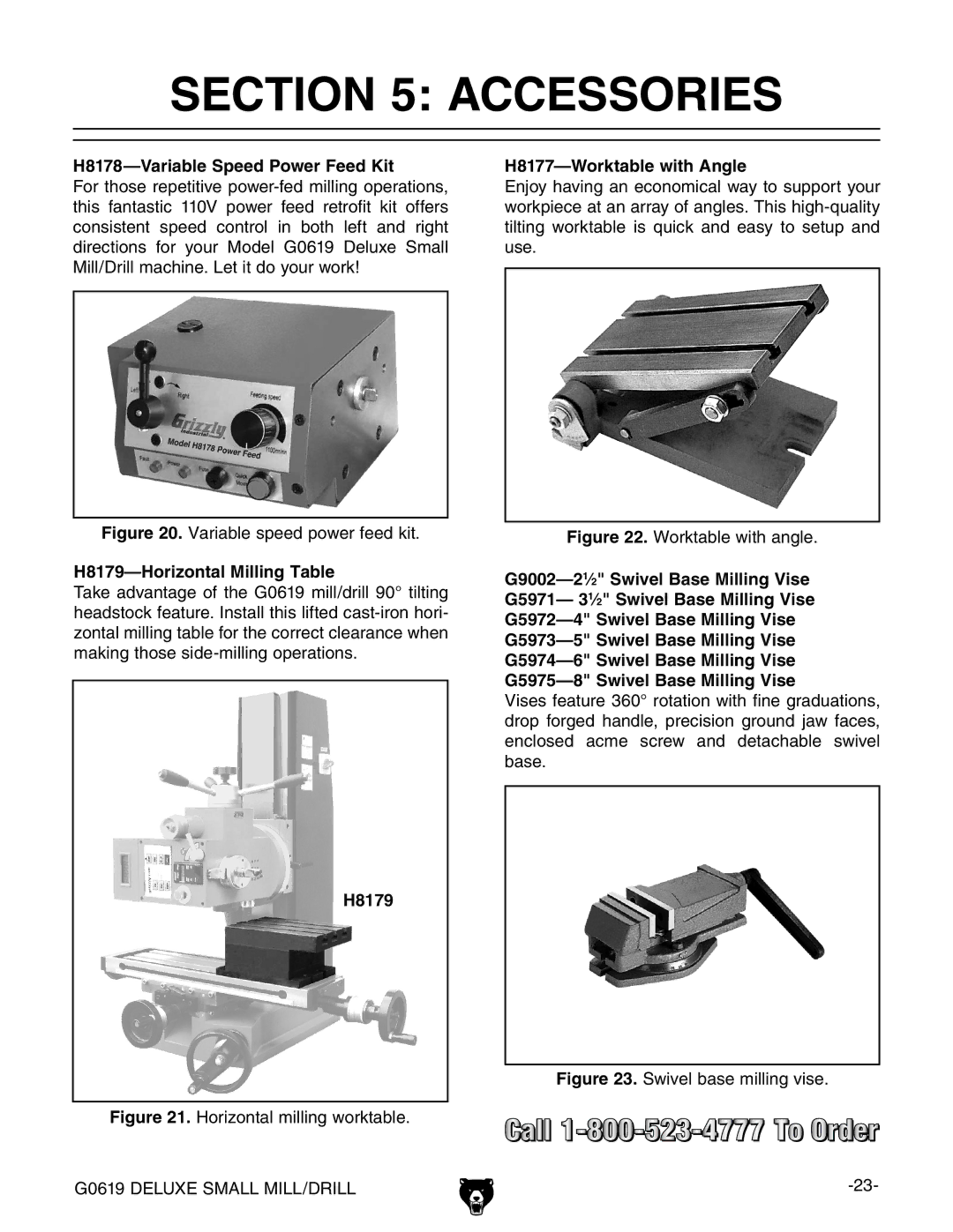 Grizzly G0619 Accessories, H8178-Variable Speed Power Feed Kit, H8177-Worktable with Angle, H8179-Horizontal Milling Table 