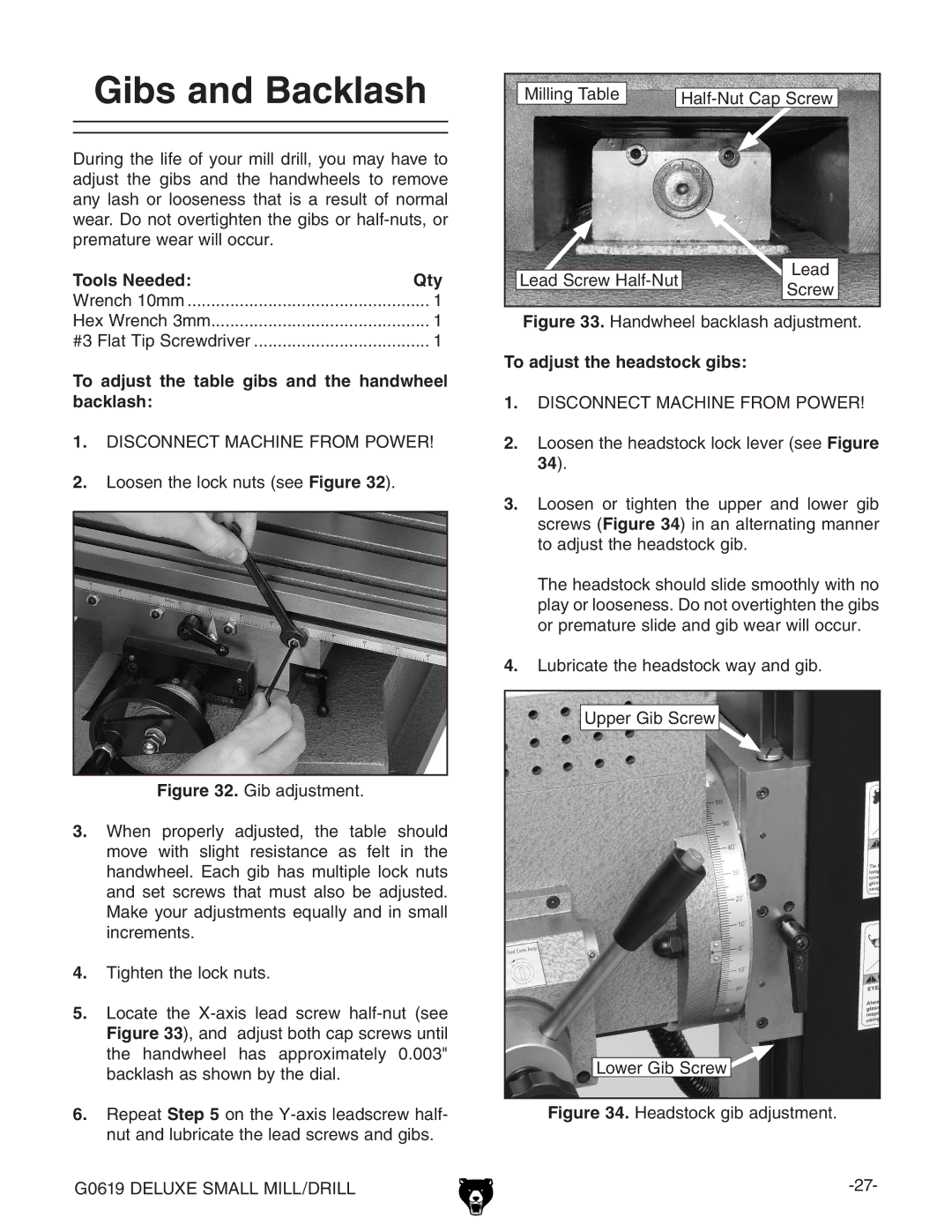 Grizzly G0619 owner manual Gibs and Backlash, Tools Needed Qty, To adjust the table gibs and the handwheel backlash 