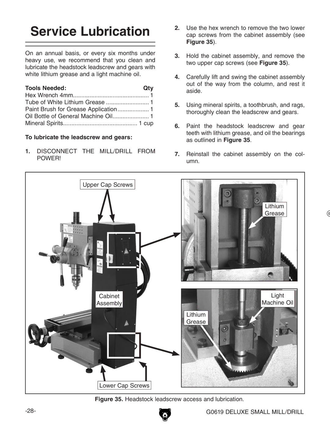 Grizzly G0619 owner manual Service Lubrication, To lubricate the leadscrew and gears 