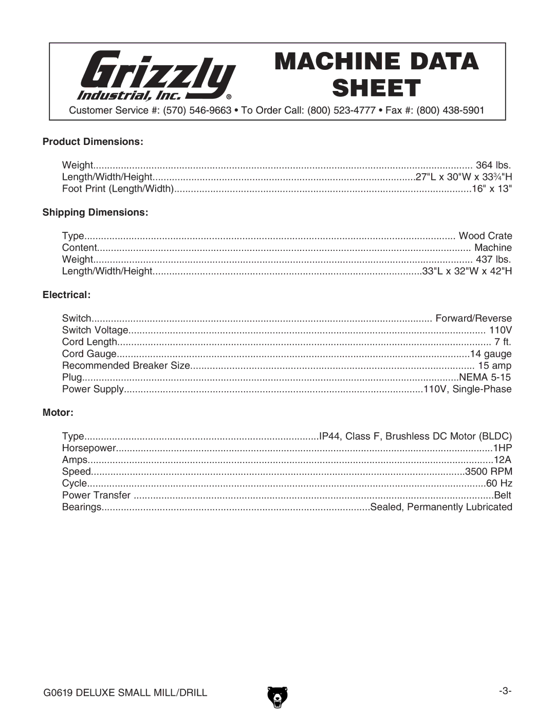 Grizzly G0619 owner manual Product Dimensions, Shipping Dimensions, Electrical, Motor 