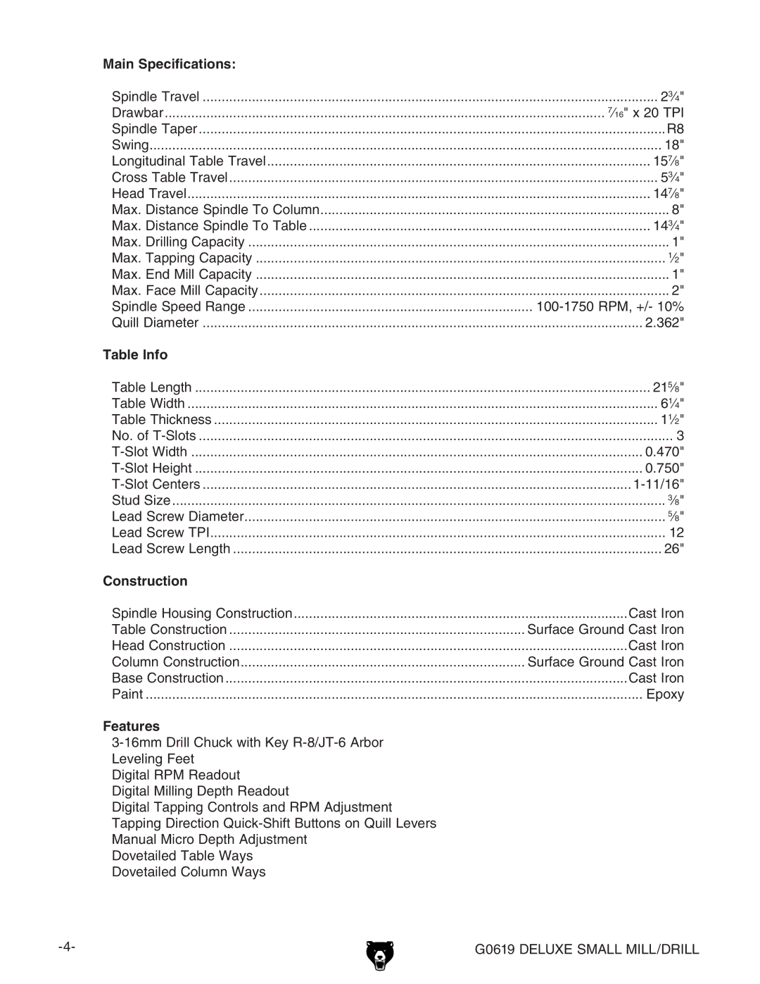 Grizzly G0619 owner manual Main Specifications, Table Info, Construction, Features 