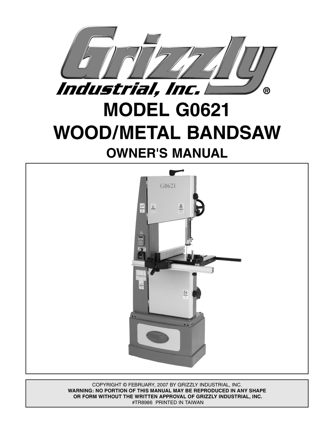 Grizzly owner manual Model G0621 WOOD/METAL Bandsaw 