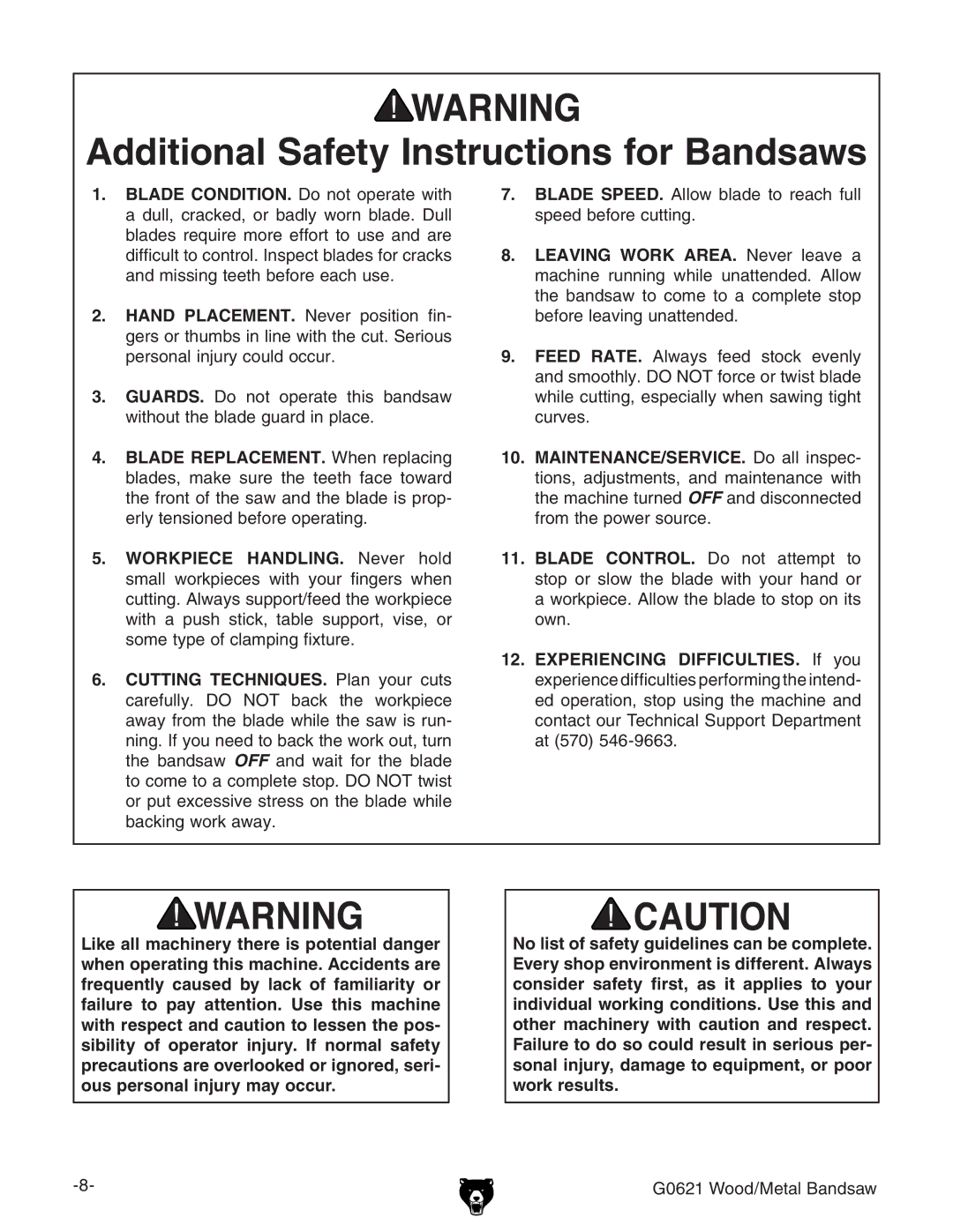 Grizzly G0621 owner manual Additional Safety Instructions for Bandsaws 