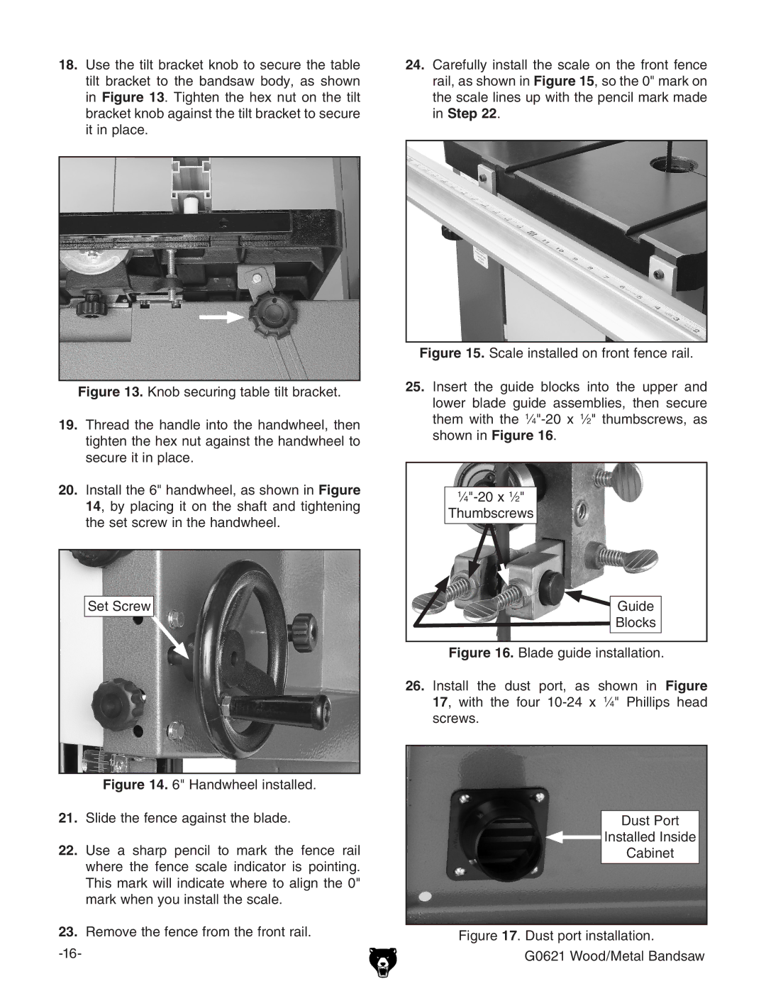 Grizzly owner manual Dust port installation G0621 Wood/Metal Bandsaw 