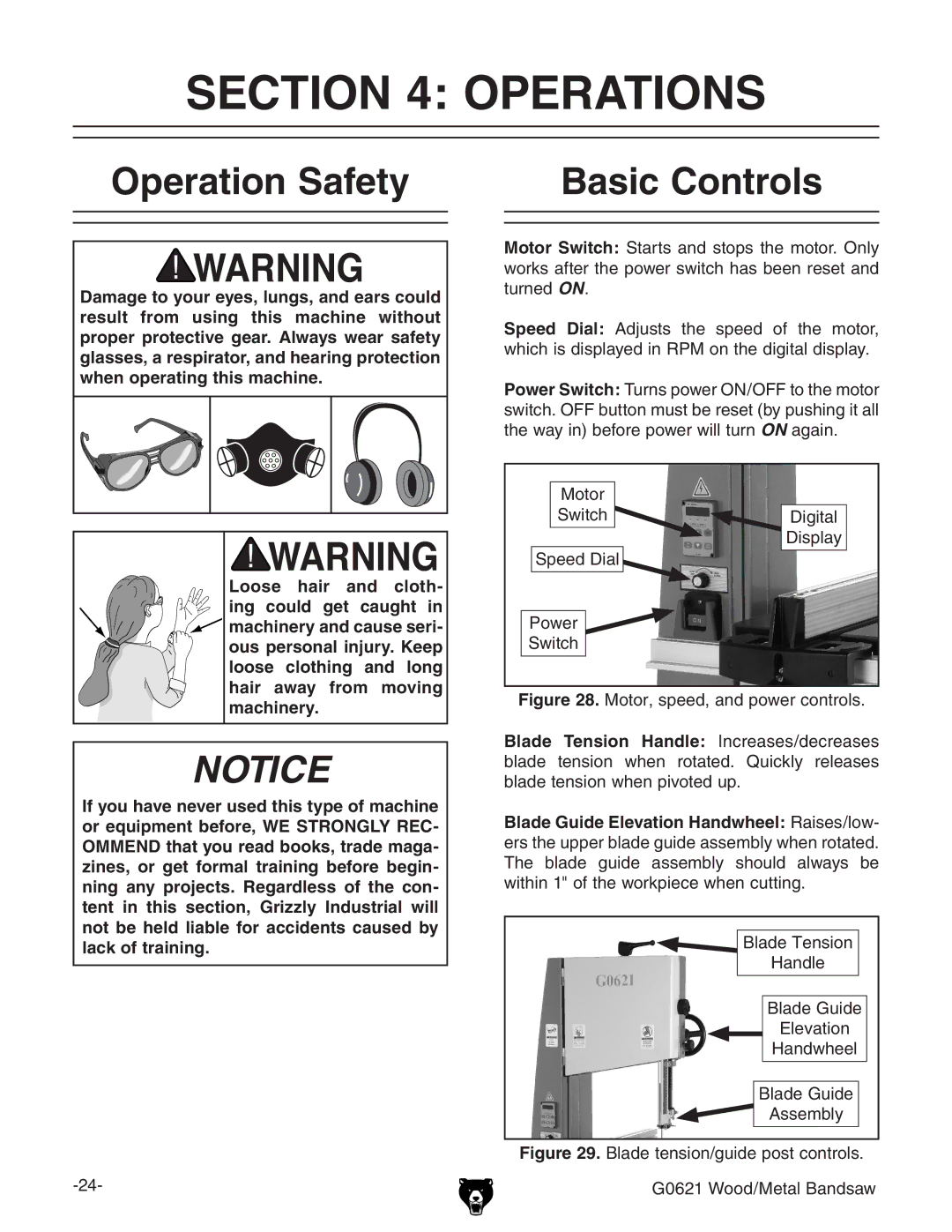 Grizzly G0621 owner manual Operations, Operation Safety Basic Controls 