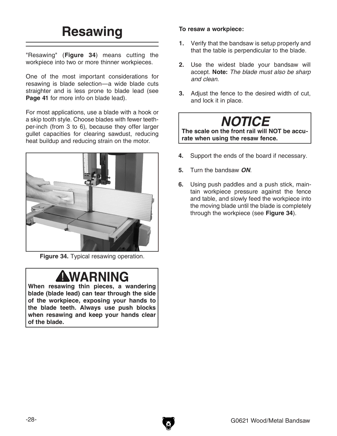 Grizzly G0621 owner manual Resawing, Typical resawing operation 