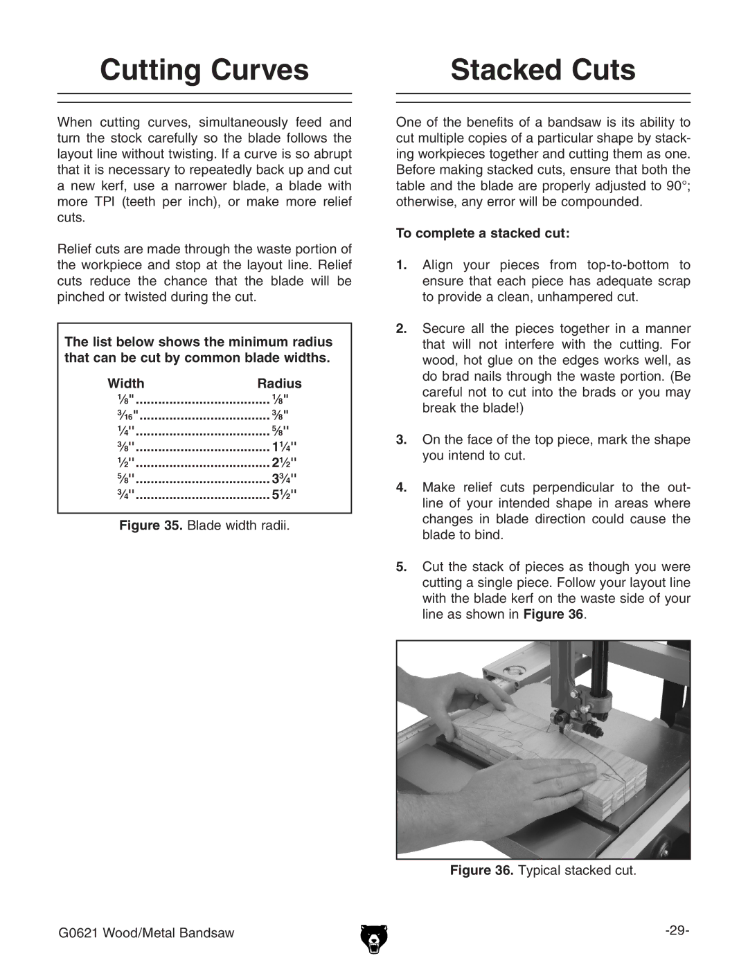 Grizzly G0621 owner manual Cutting Curves Stacked Cuts, To complete a stacked cut 