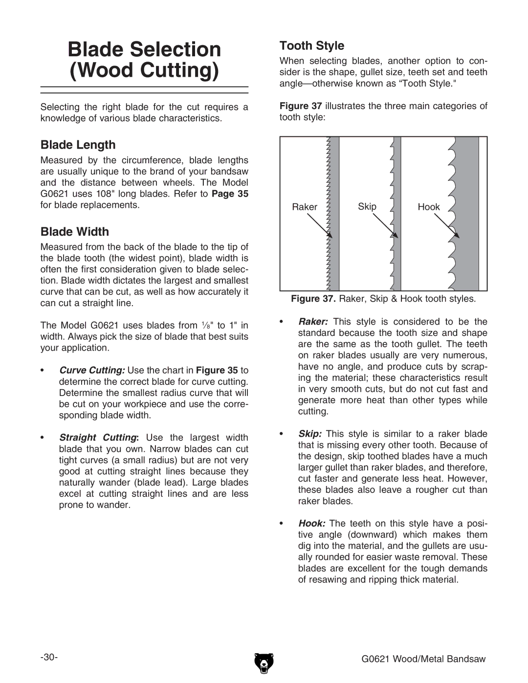 Grizzly G0621 owner manual Blade Selection Wood Cutting, Blade Length, Blade Width, Tooth Style 