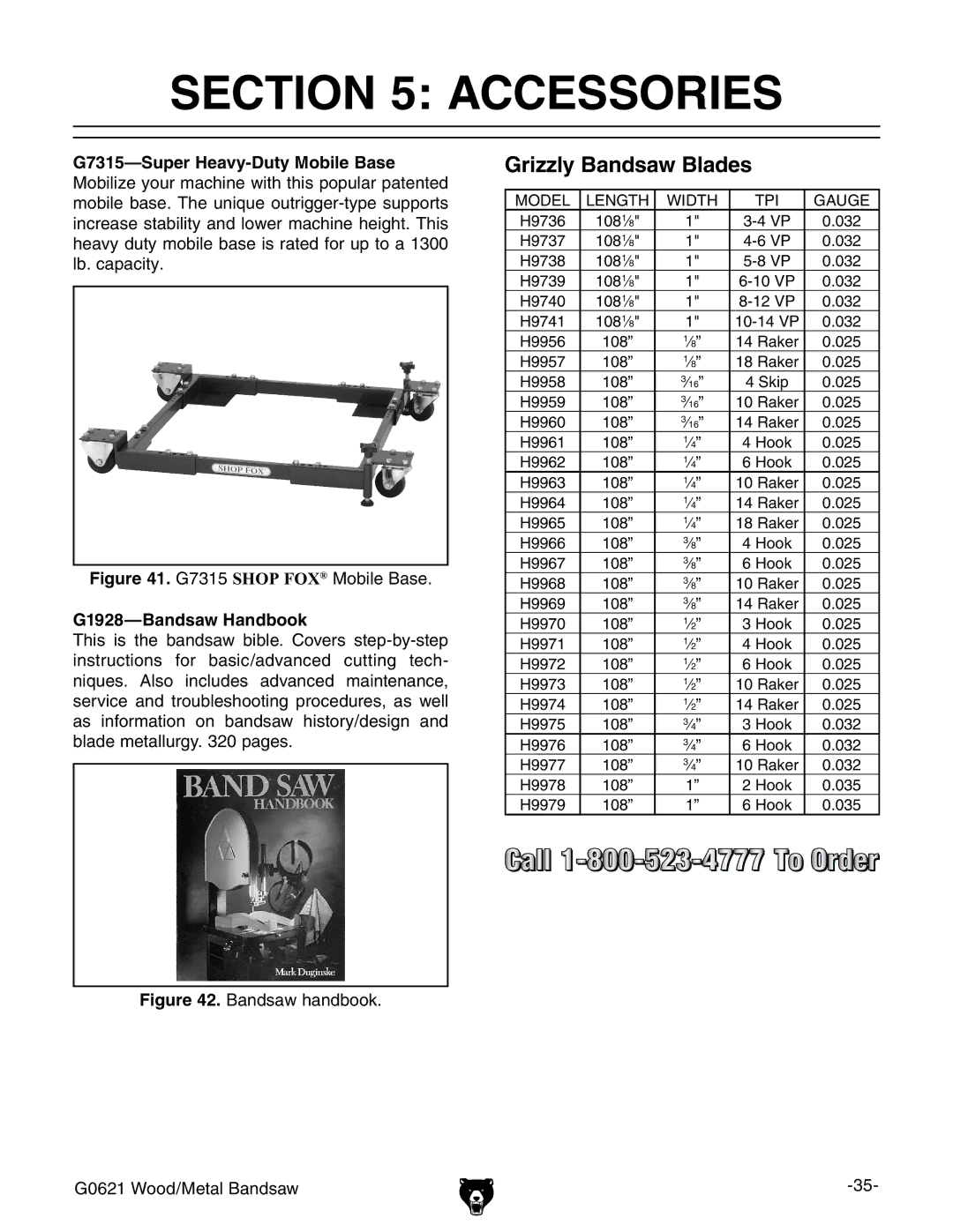 Grizzly G0621 owner manual Accessories, Grizzly Bandsaw Blades, G7315-Super Heavy-Duty Mobile Base, G1928-Bandsaw Handbook 