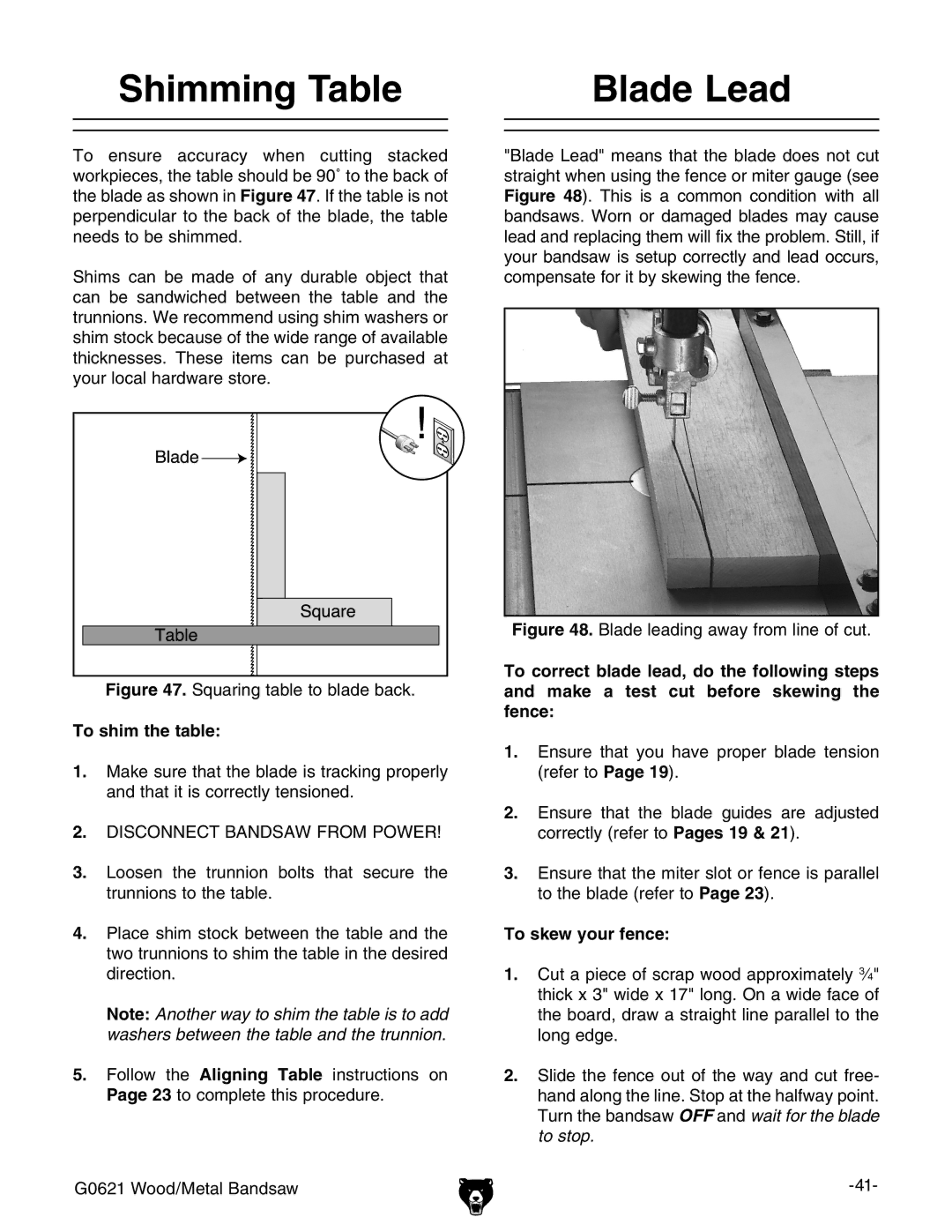 Grizzly G0621 owner manual Shimming Table Blade Lead, To shim the table, To skew your fence 