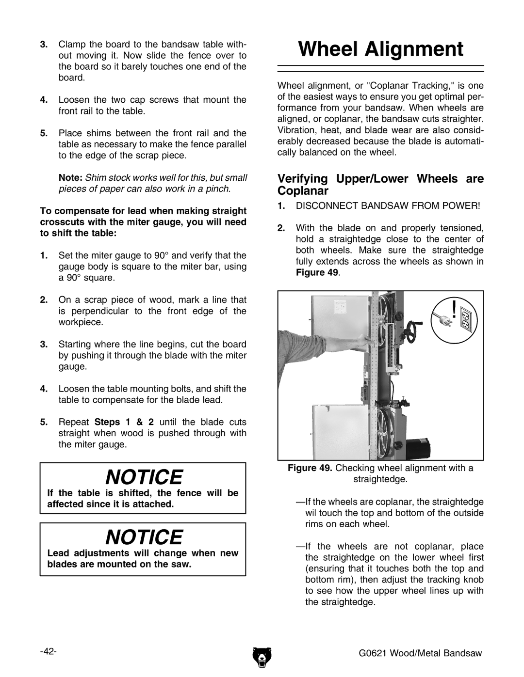 Grizzly G0621 owner manual Wheel Alignment, Verifying Upper/Lower Wheels are Coplanar 