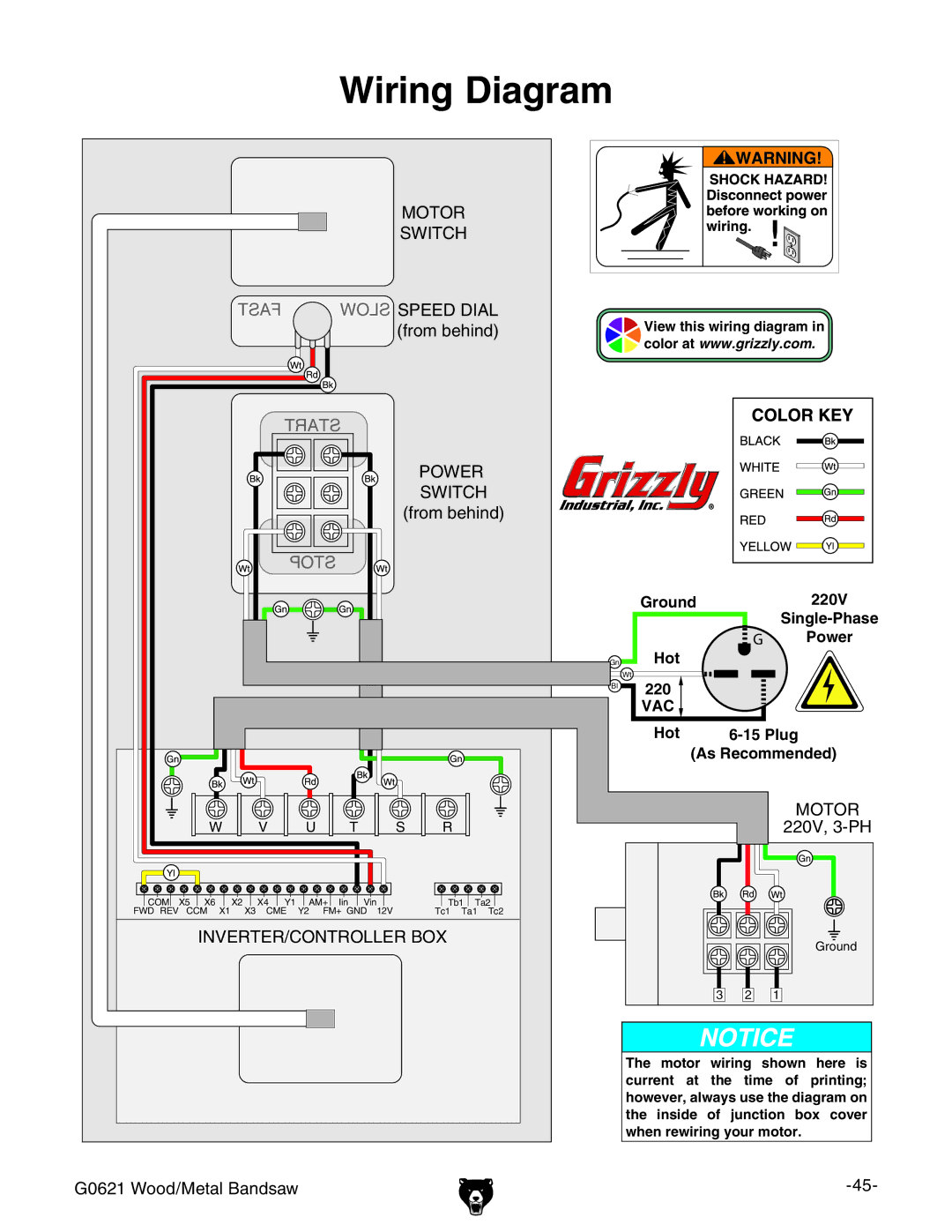 Grizzly G0621 owner manual Wiring Diagram 