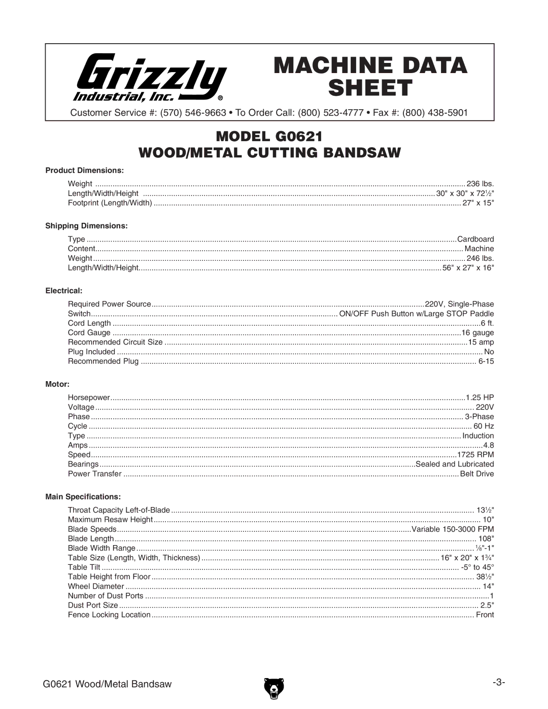 Grizzly G0621 owner manual Machine Data Sheet 