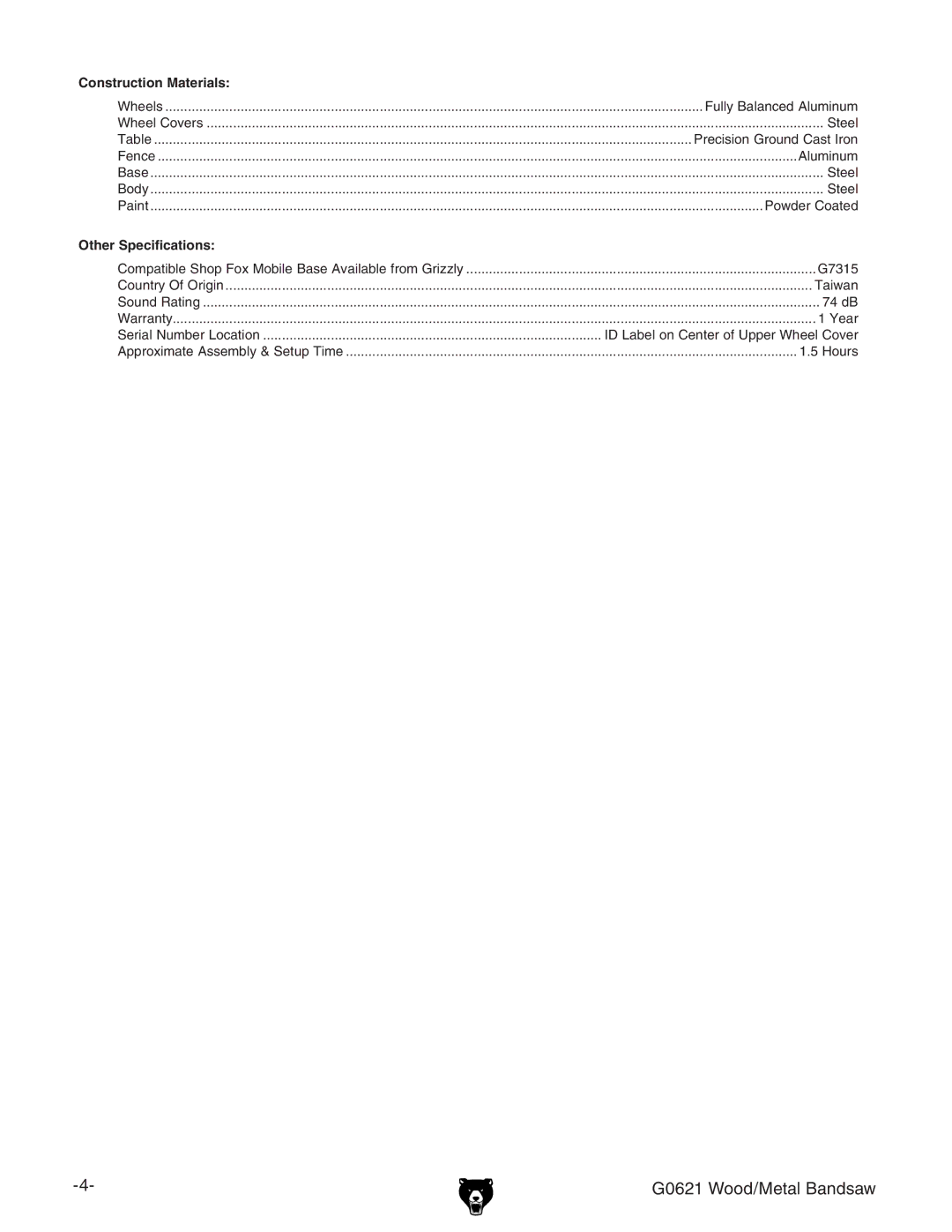 Grizzly owner manual G0621 Wood/Metal Bandsaw 