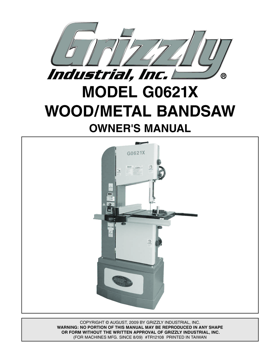 Grizzly owner manual Model G0621X WOOD/METAL Bandsaw 