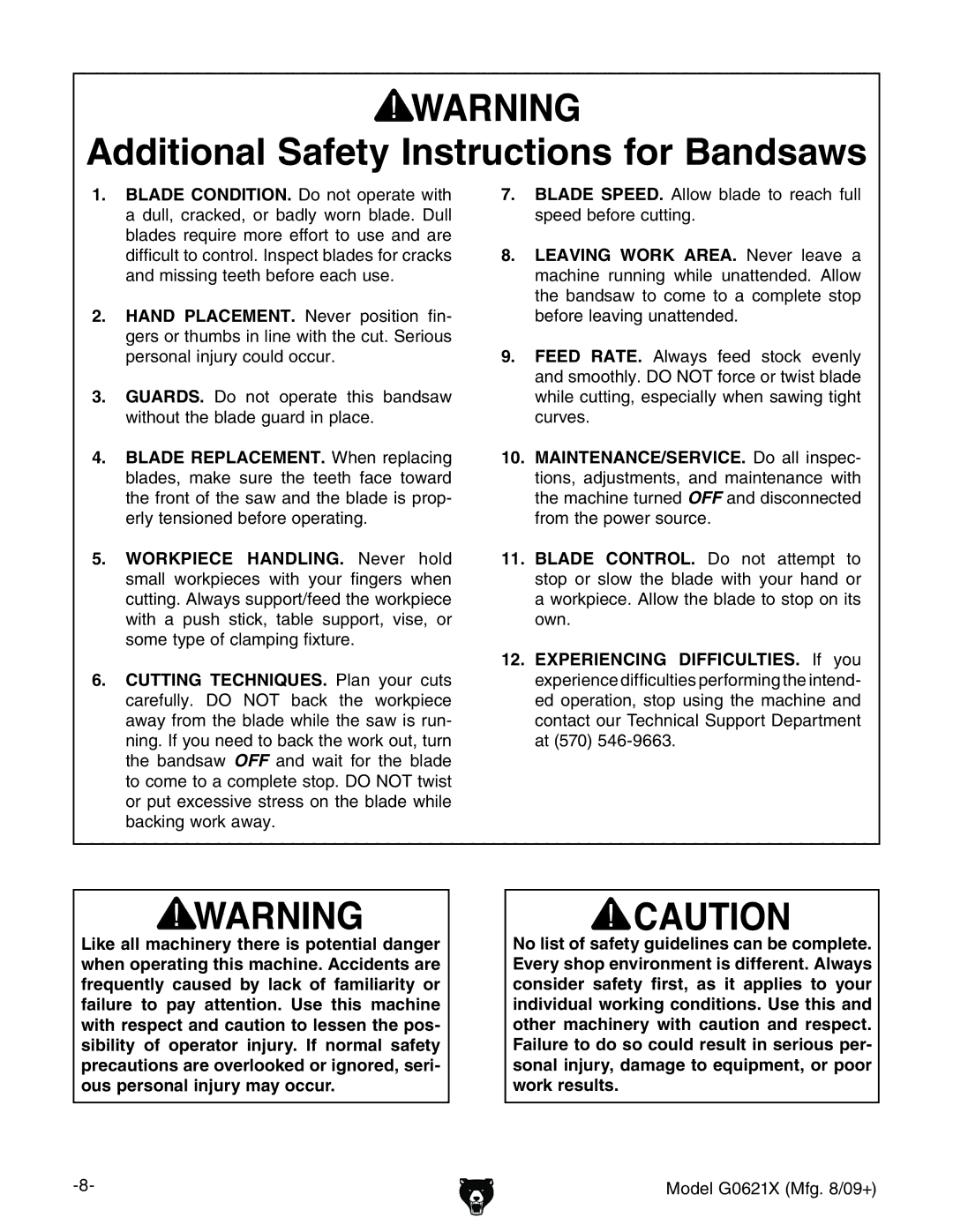 Grizzly G0621X Additional Safety Instructions for Bandsaws, Blade Speed aadl WaVYZ id gZVX jaa heZZYWZdgZXjiic\# 