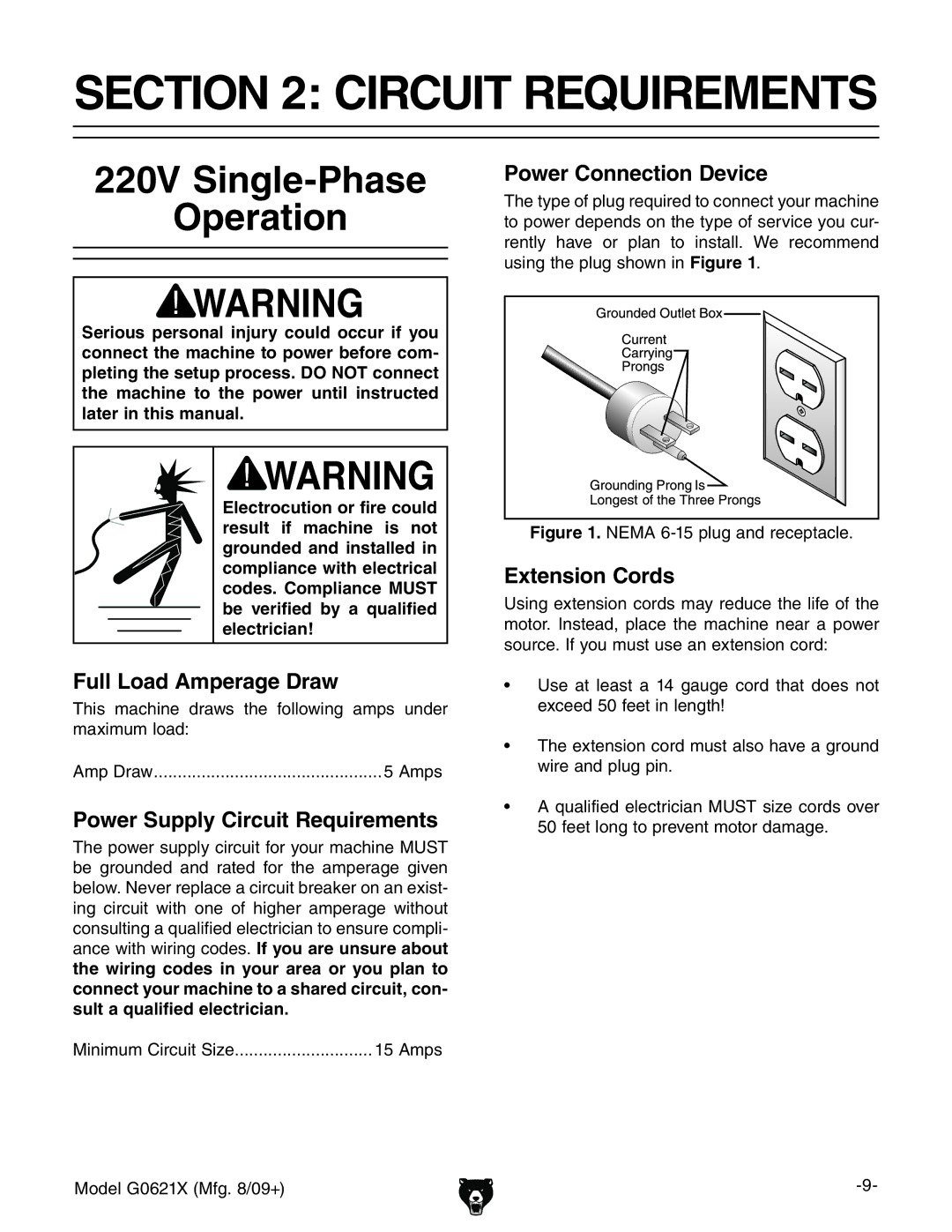 Grizzly G0621X owner manual Circuit Requirements, 220V Single-Phase Operation 