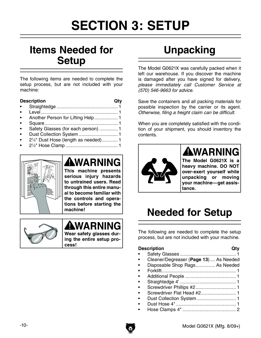 Grizzly G0621X owner manual Items Needed for Setup, Unpacking, Description Qty 