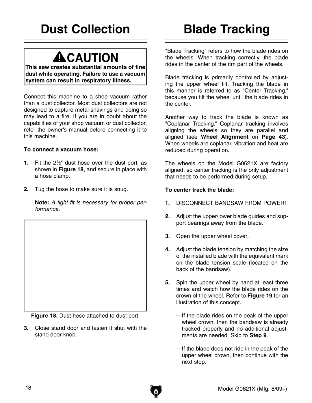 Grizzly G0621X owner manual Dust Collection Blade Tracking, To connect a vacuum hose, To center track the blade 