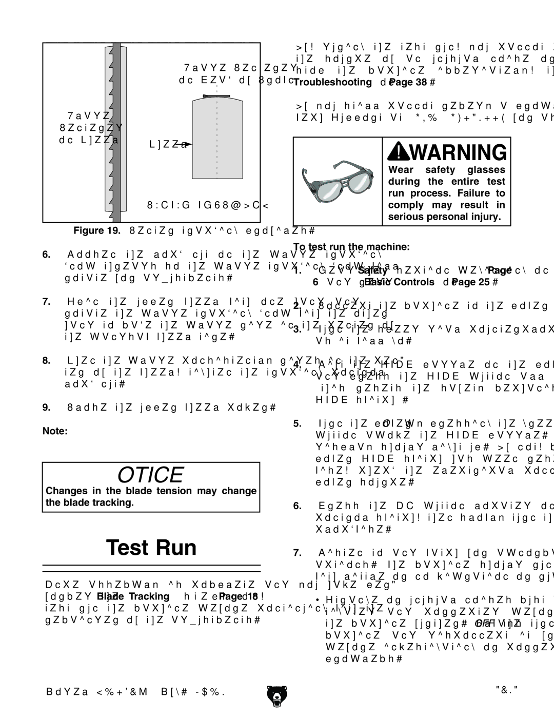 Grizzly G0621X Test Run, Changes in the blade tension may change the blade tracking, VcYgZVYBasic ControlsdcPage 25# 