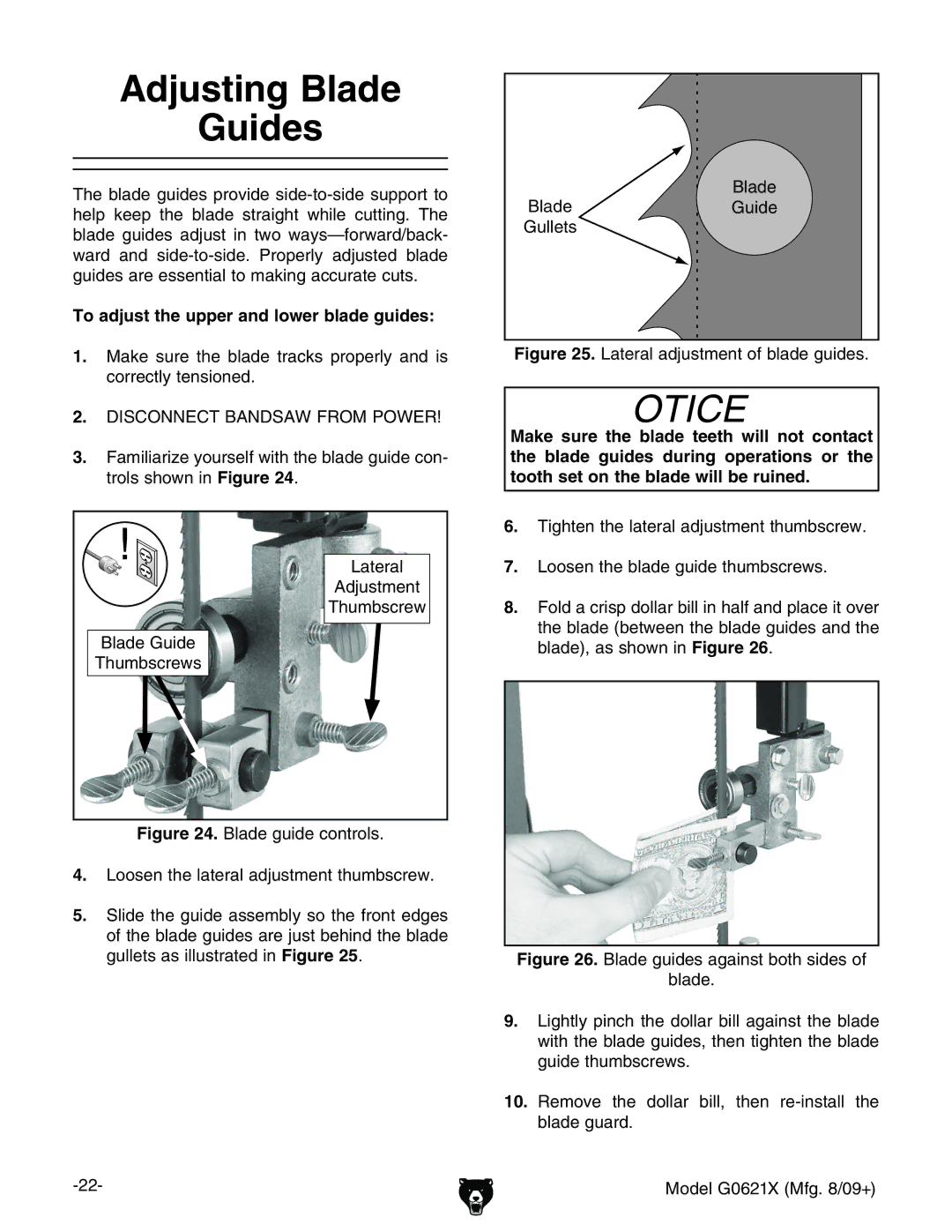 Grizzly G0621X owner manual Adjusting Blade Guides, To adjust the upper and lower blade guides 