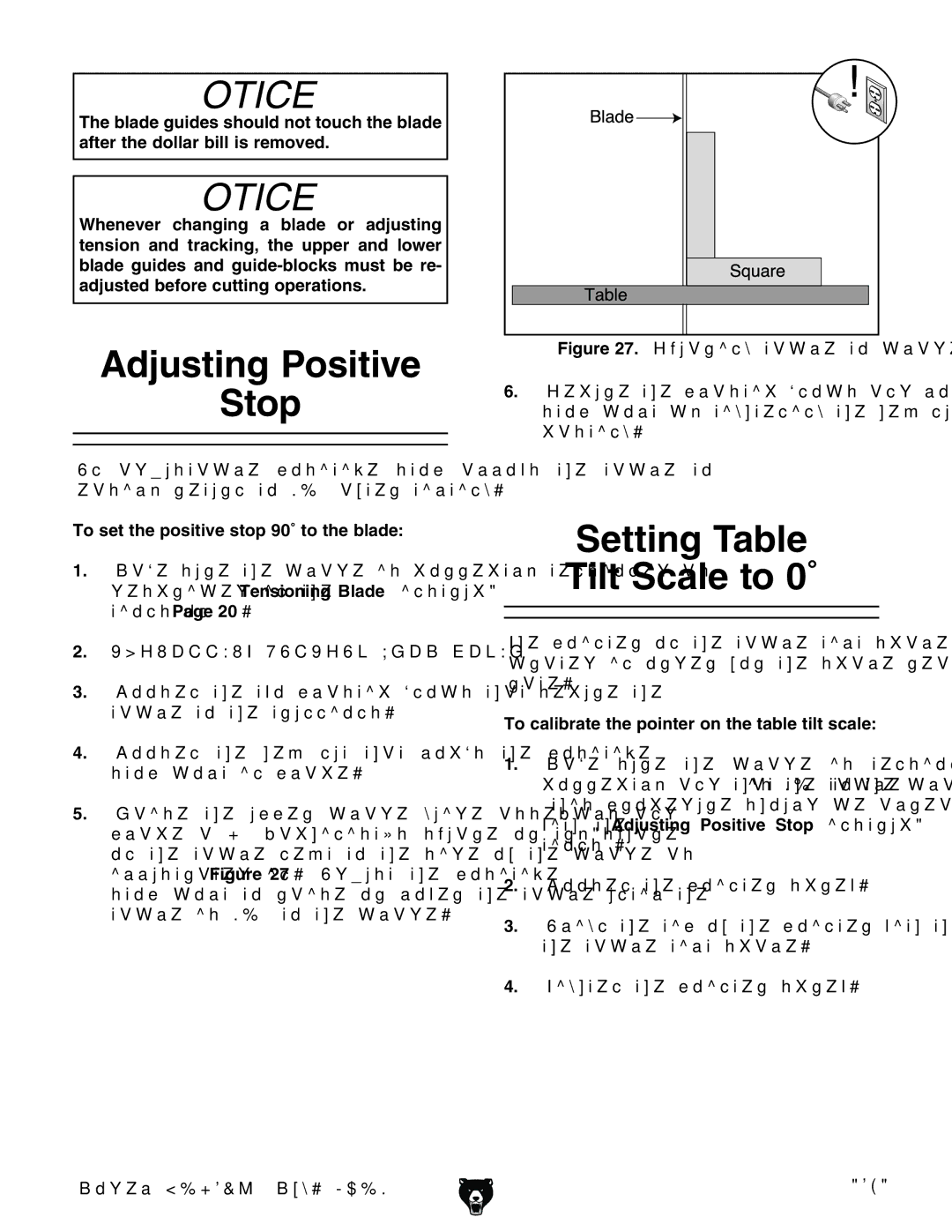 Grizzly G0621X Adjusting Positive Stop, Setting Table Tilt Scale to 0˚, To set the positive stop 90˚ to the blade 