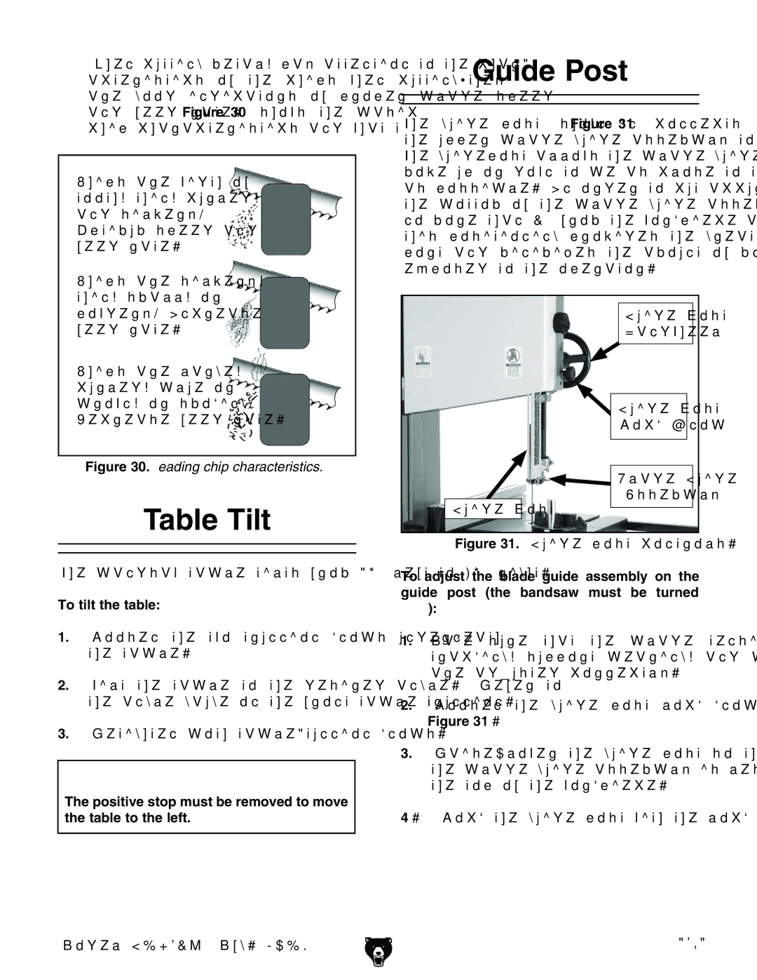 Grizzly G0621X Guide Post, Table Tilt, To tilt the table, Positive stop must be removed to move the table to the left 