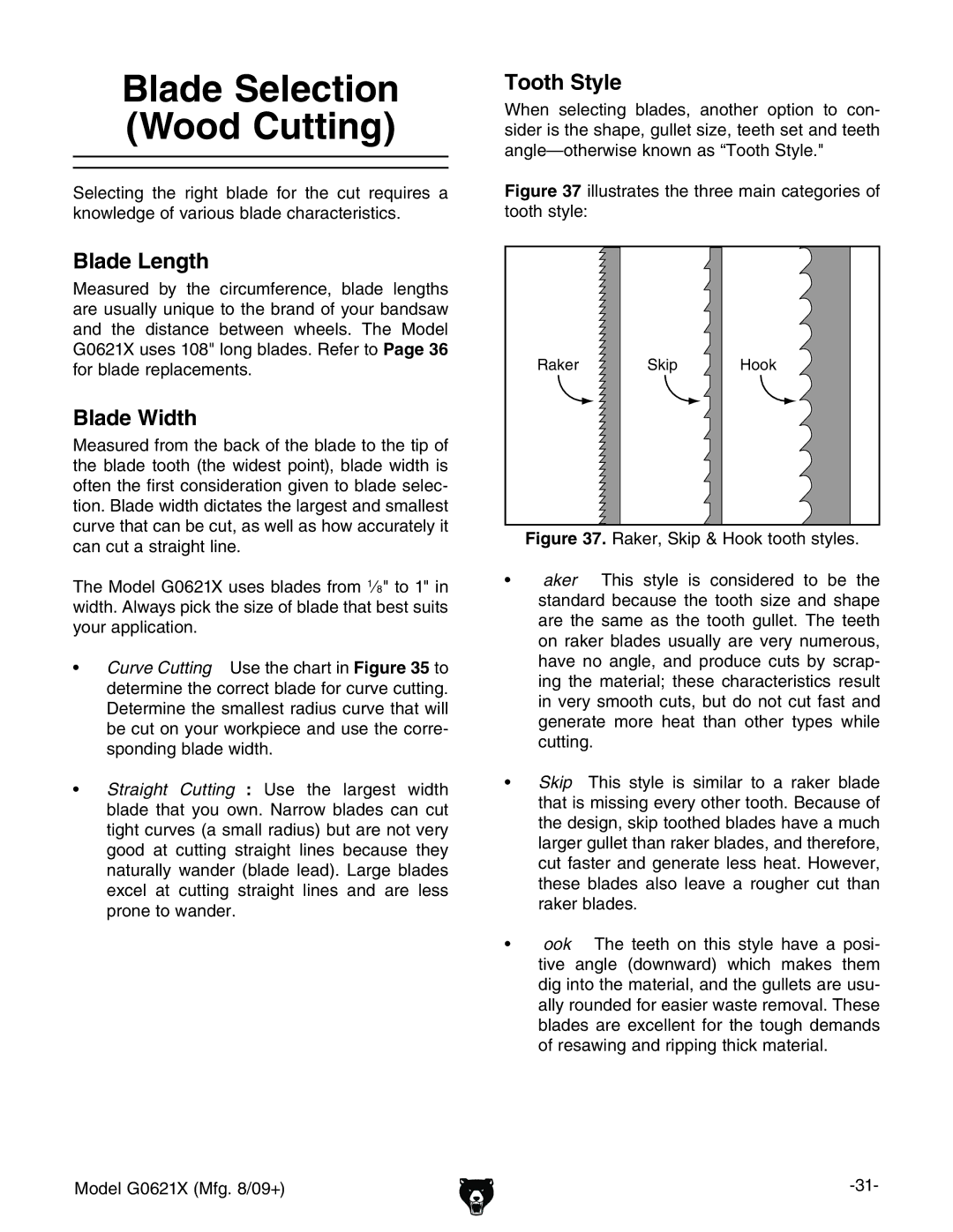 Grizzly G0621X owner manual Blade Selection Wood Cutting, Tooth Style, Blade Length, Blade Width 